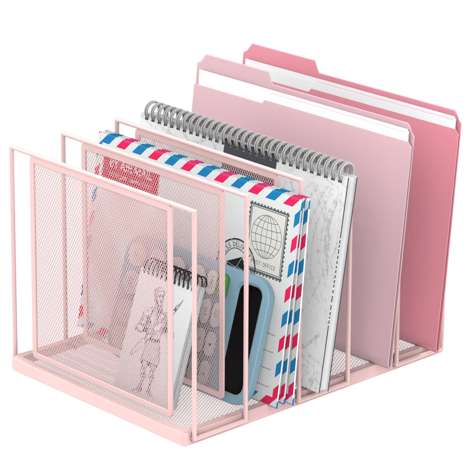RITOLLO File Organizer for Desk, 5-Section Vertical File Sorter, Paper Holder Organizer Standing Metal File Folder for Office Home Classroom, Pink
