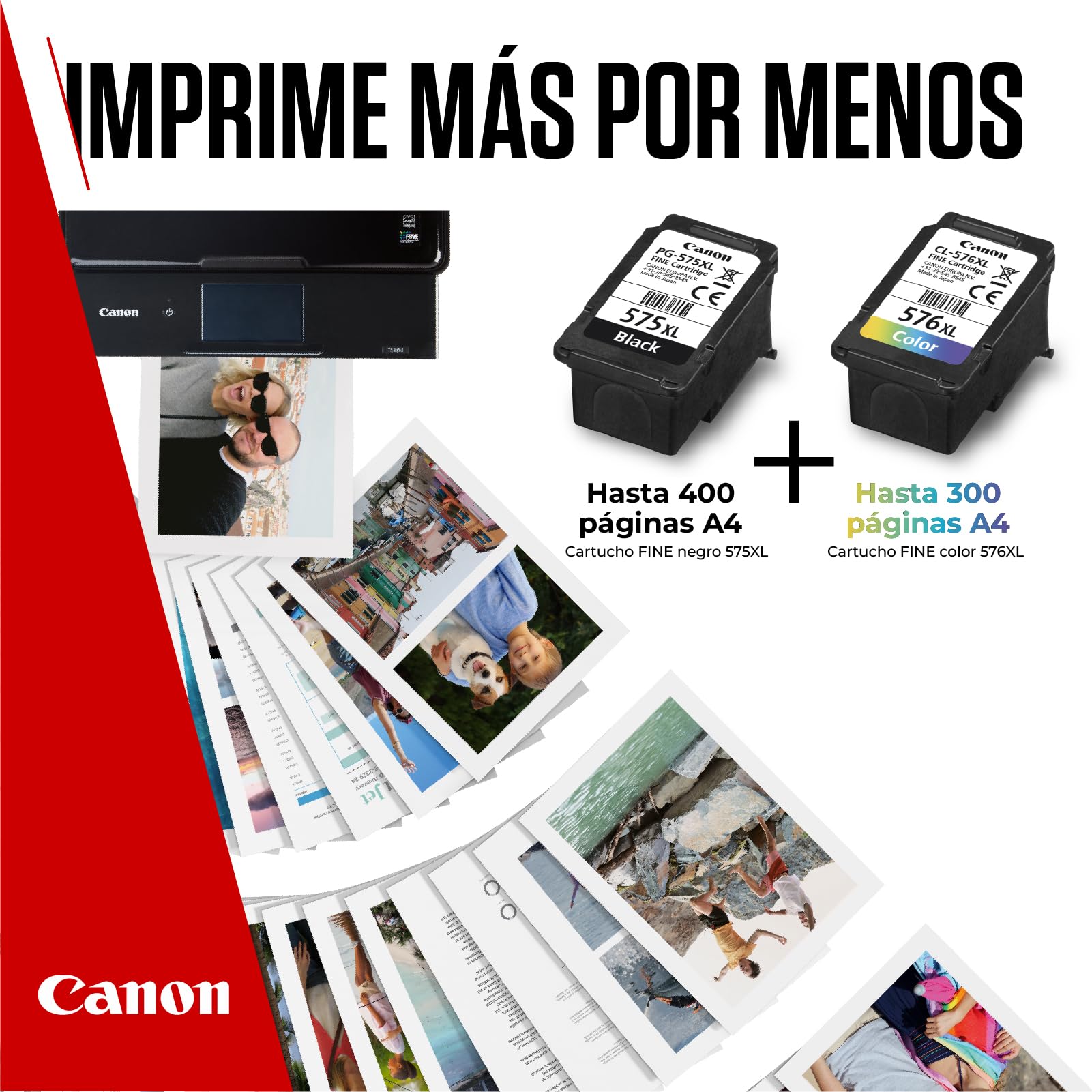 Canon PG-575XL + CL-576XL, Cartuchos de Tinta Original, 1 Cartucho de Tinta Independiente en Color Negro y Cartucho Multicolor,Incluye 50 Hojas Papel Fotográfico 4 x 6,Compatible con Impresoras PIXMA
