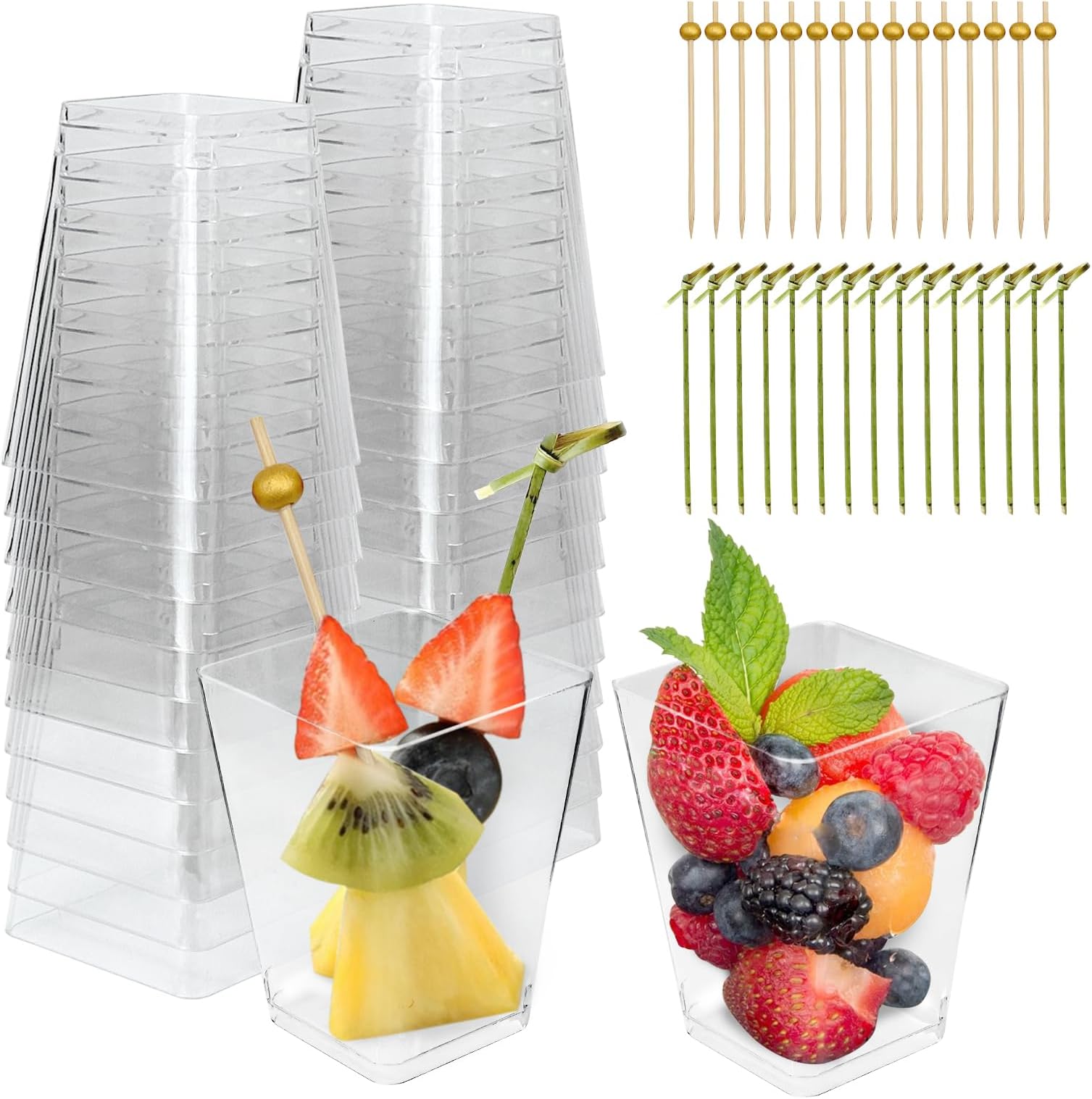 50 Sets 5 oz Plastic Charcuterie Cups with 100 Sticks, Clear Mini Fruit Appetizer Cups with Cocktail Picks, Disposable Small Dessert Cups for Snack Salad Dip Veggies Party Serving