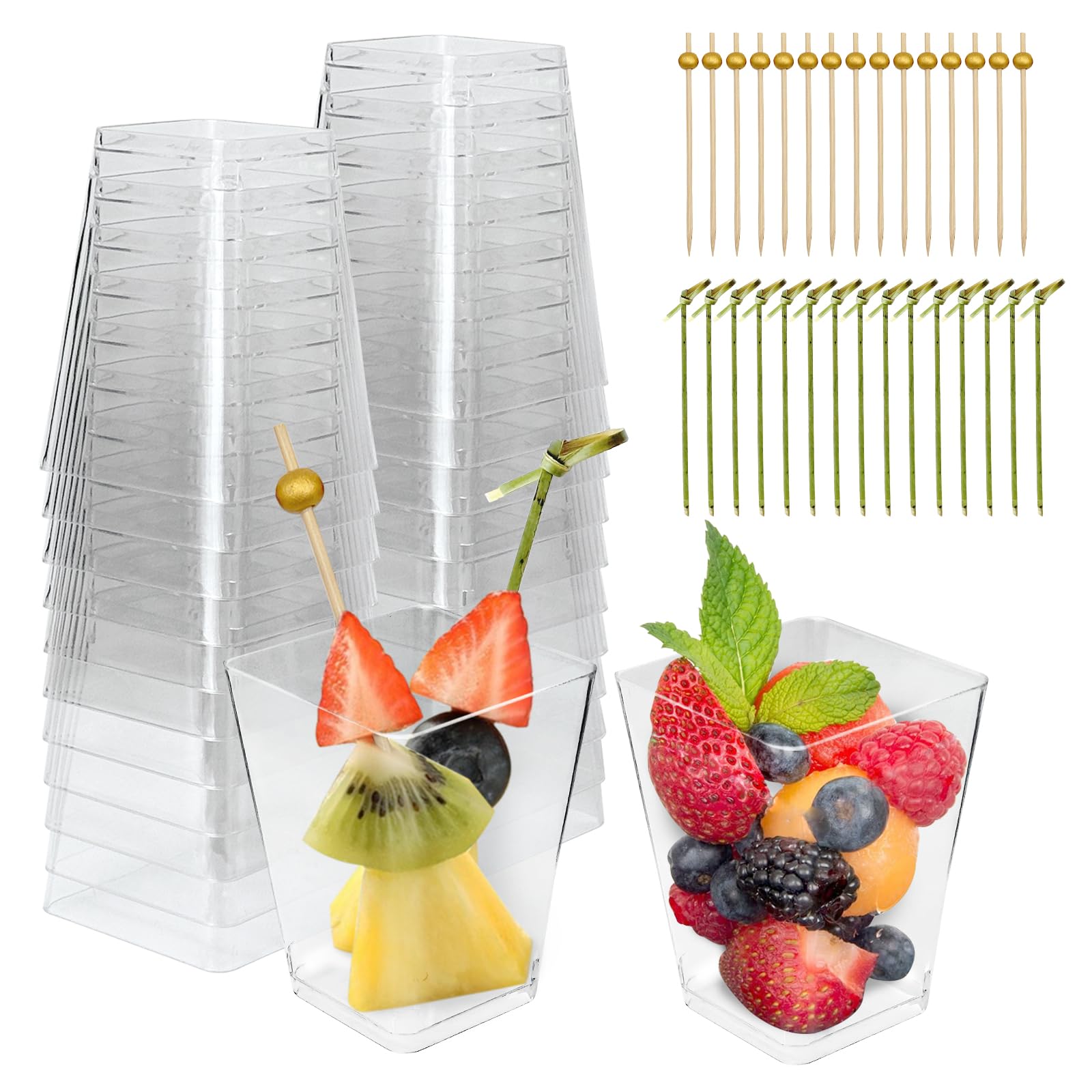 50 Sets 5 oz Plastic Charcuterie Cups with 100 Sticks, Clear Mini Fruit Appetizer Cups with Cocktail Picks, Disposable Small Dessert Cups for Snack Salad Dip Veggies Party Serving