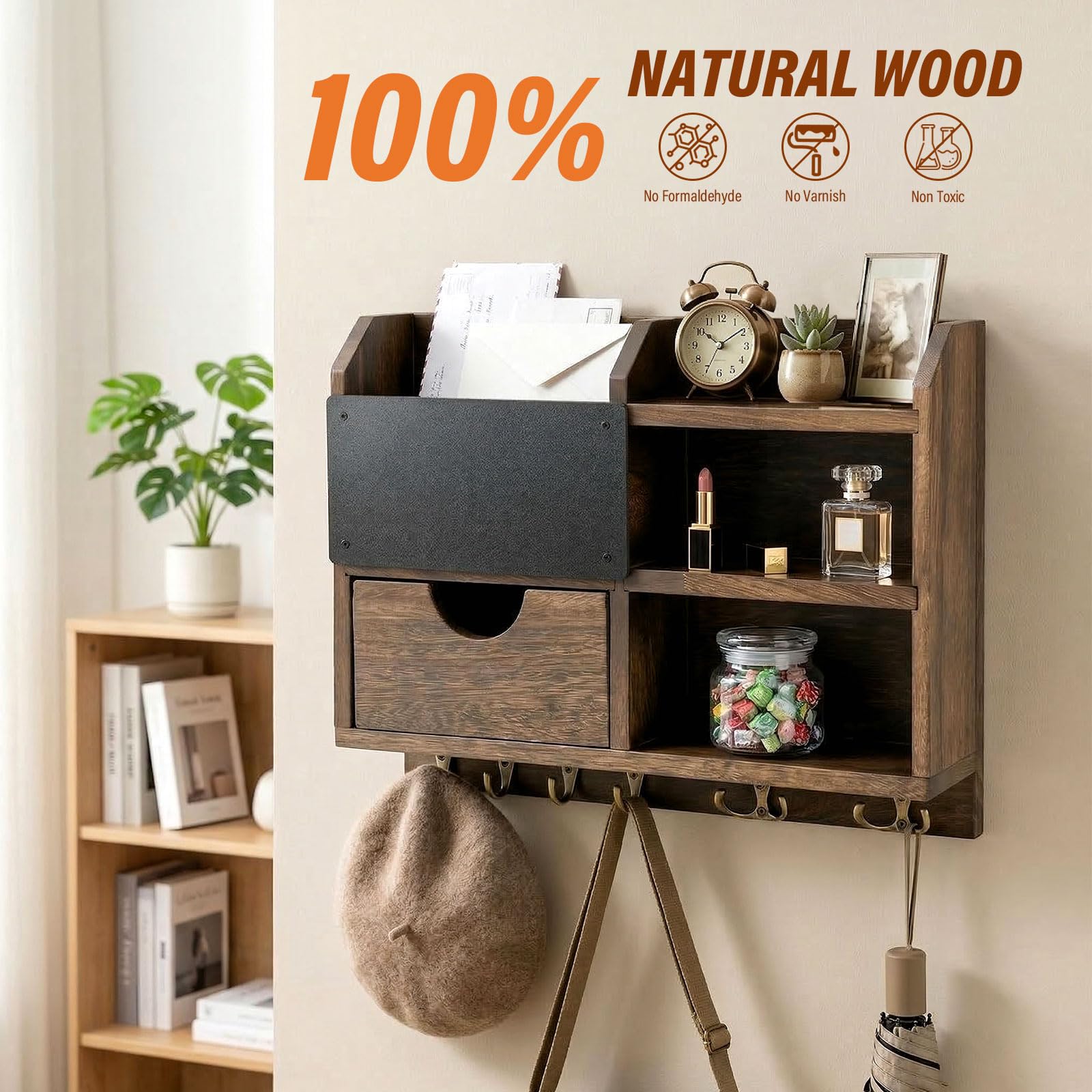 Porte-clés Mural en Bois et Métal avec Étagère, Support Clés et Courrier pour Entrée, Couloir et Bureau, Crochets pour Clés et Petits Objets, Design Moderne et Élégant – 37×28,5 cm