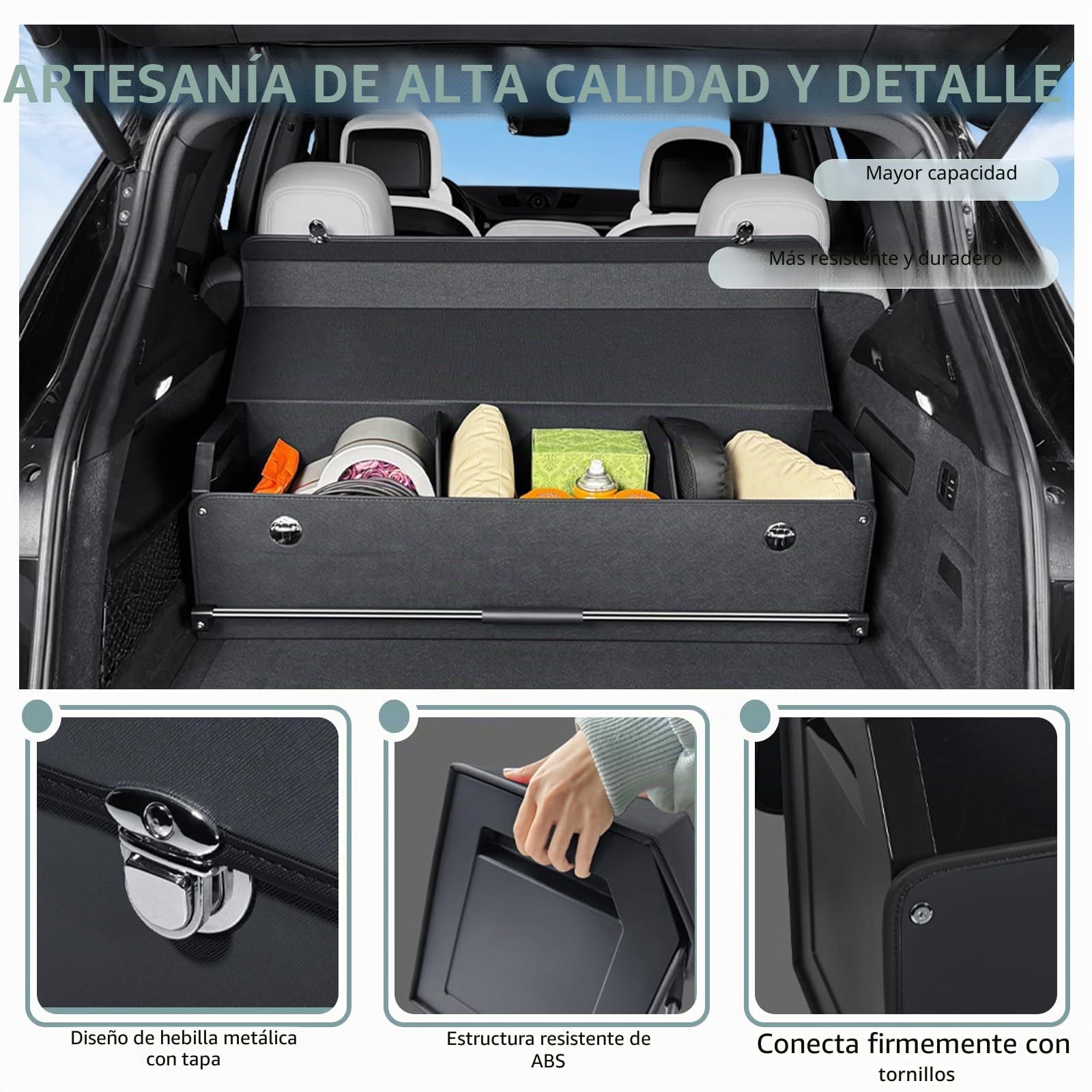 Organizador de Maletero de Gran Capacidad 94L para Coches y SUVs - Caja de Almacenamiento con Tapa, Asa Robusta y Base Antideslizante - Compartimento Extraíble(Negro, 105 x 29 x 31cm)