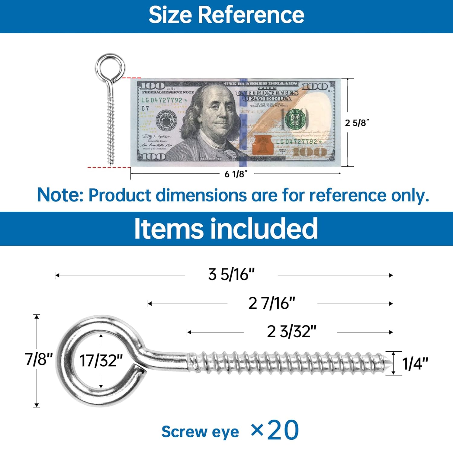 Muzata 20 Pack Eye Screws 3.3 Inch Stainless Steel Eye Hooks Screw for Wood Heavy Duty Self Tapping M6 Eyelet Hooks Securing Cables Wire Indoor Outdoor CR18