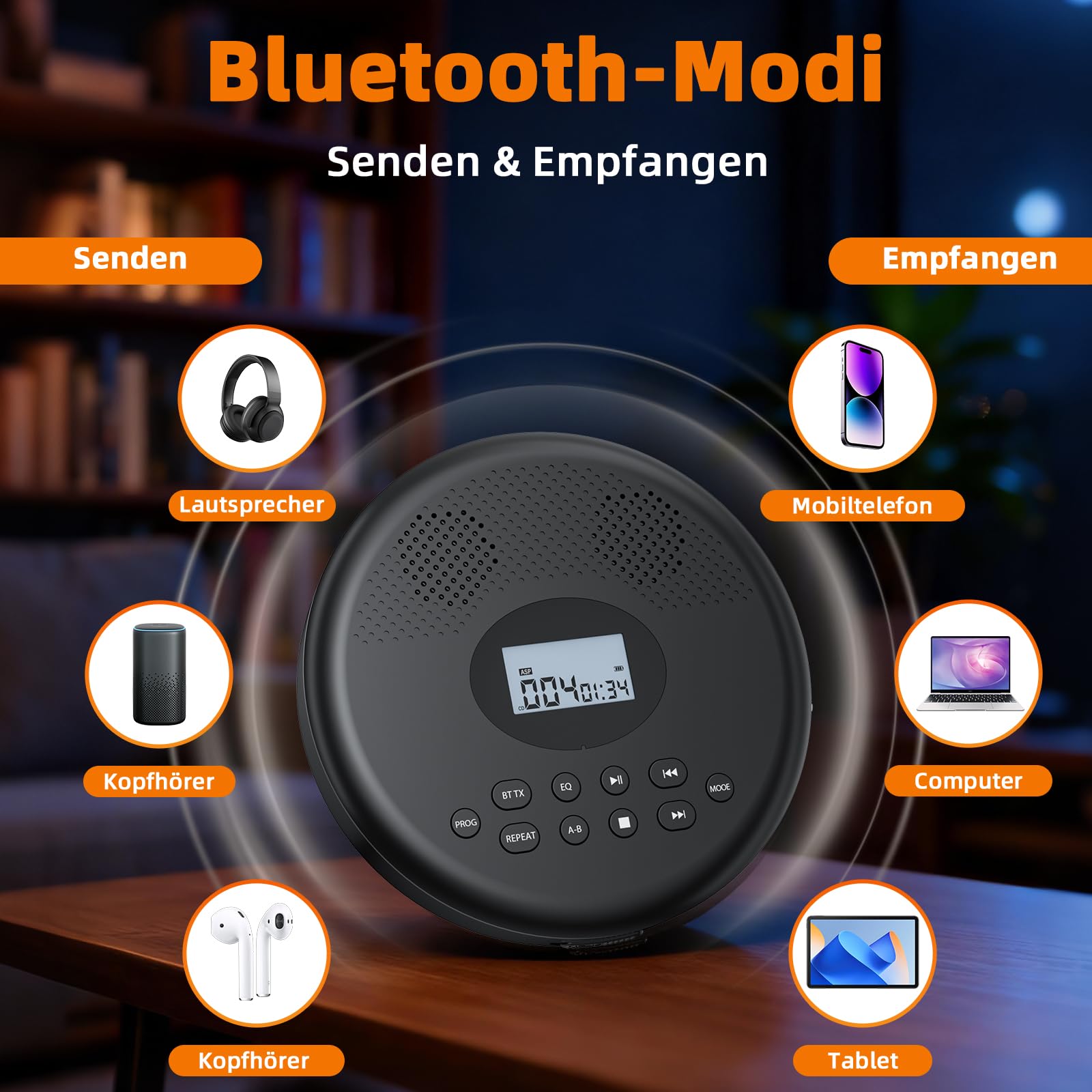 Arafuna Tragbarer CD-Player mit Bluetooth, wiederaufladbarer CD-Player mit Lautsprechern, Anti-Schock, LCD-Display, 7 Wiedergabemodi & 5 EQ, unterstützt TF & AUX, geeignet für Auto, Zuhause und Reise