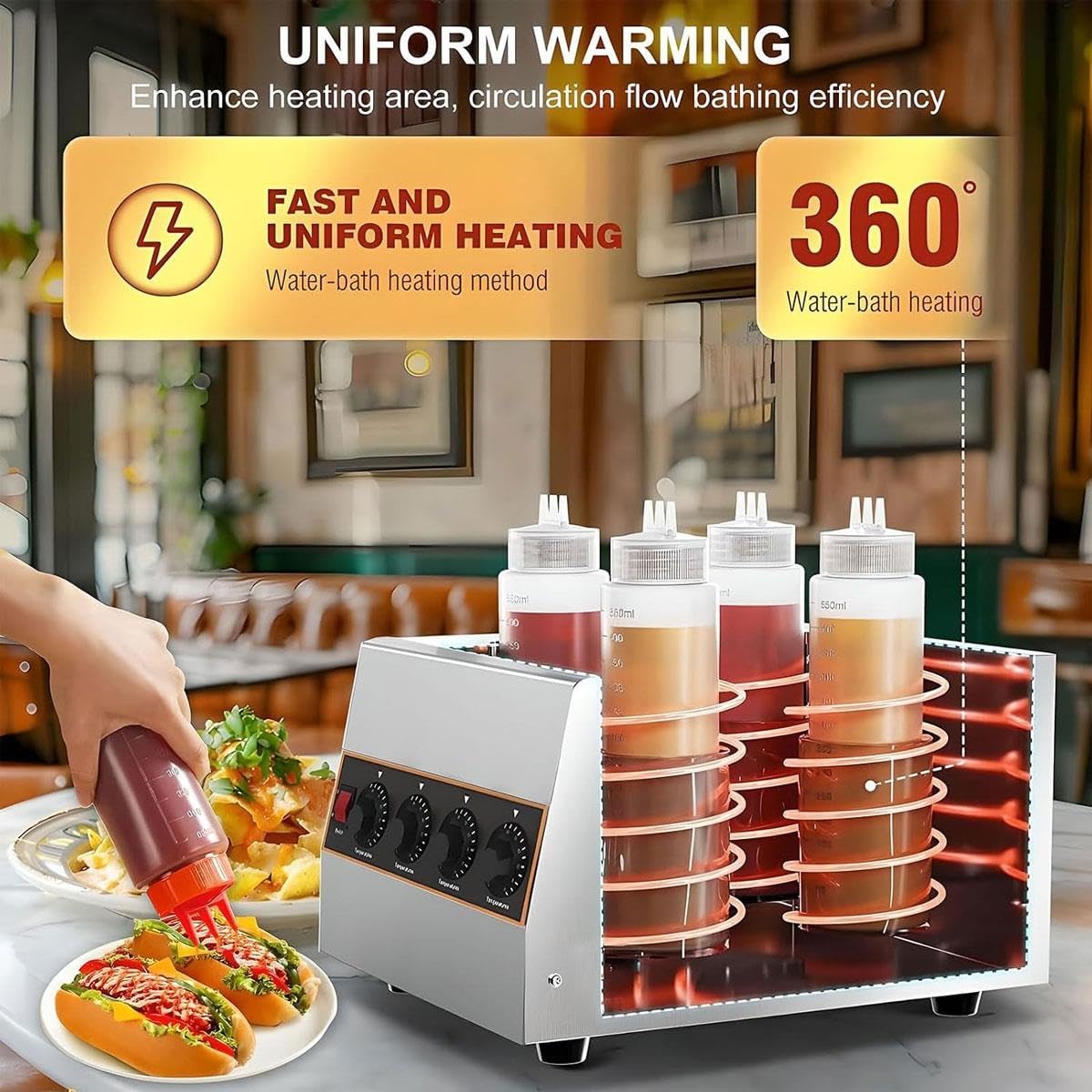 4 * 650ml elektryczny podgrzewacz butelek z sosem,regulowany 30~85℃