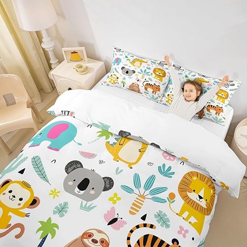 Miniatura 5 de Feelyou Lindo juego de funda de edredón de dinosaurio perezoso tamaño matrimonial, juego de ropa de cama de animales salvajes para niños y niñas,