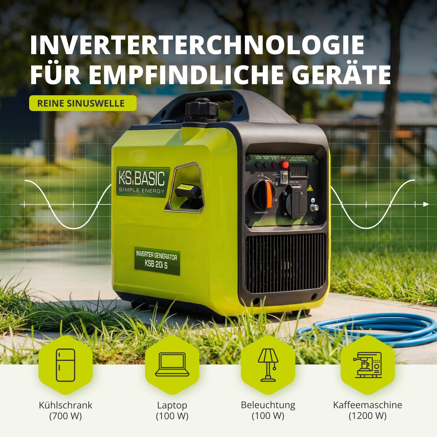 K&S BASIC 20i S generator inwerterowy 2000 W, agregat prądotwórczy na benzynę, agregat prądotwórczy 230 V – czysta fala sinusoidalna, generator prądu z trybem ekologicznym, wyświetlacz LED, moc