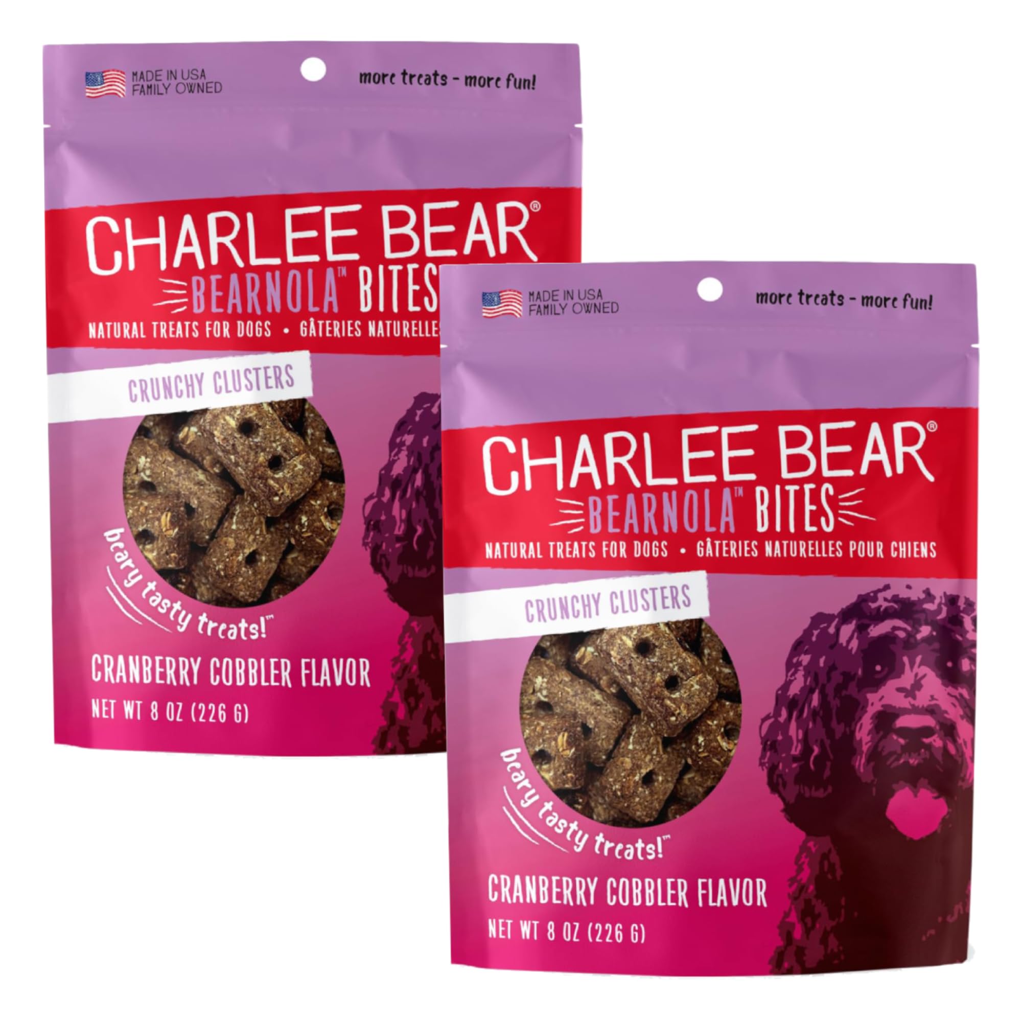 Charlee Bear Crunchy Dog Treats, Bearnola Bites Cranberry Cobbler, Puppy Training Treats, Vegan Dog Snacks, 8 oz Bags (2), Made USA