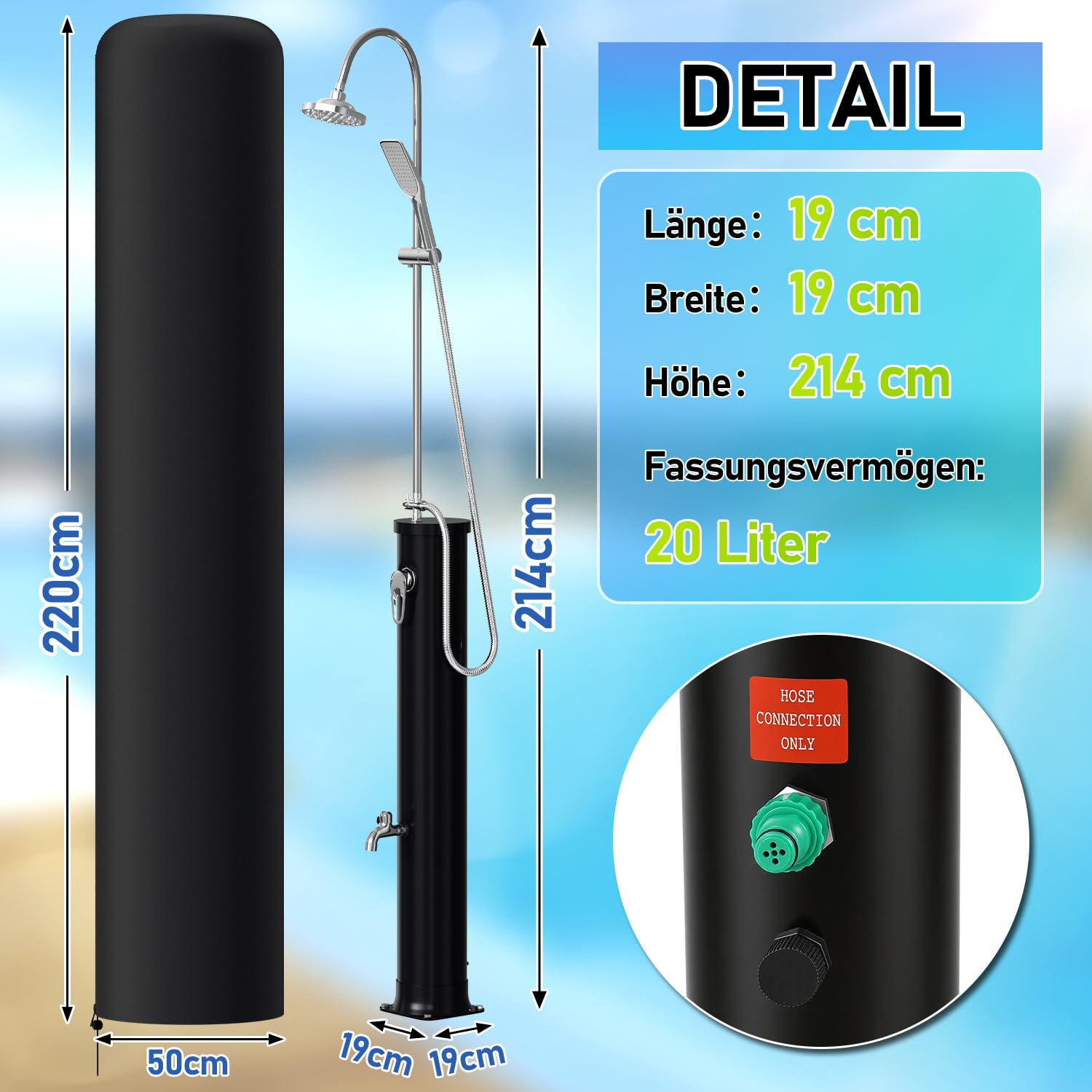 Prysznic solarny 20 l, półpojedynczy pręt, prysznic ogrodowy, ciepła woda do 60°C, bez przyłącza prądu, prysznic basenowy, kemping, z słuchawką prysznicową i obrotową głowicą prysznicową, w