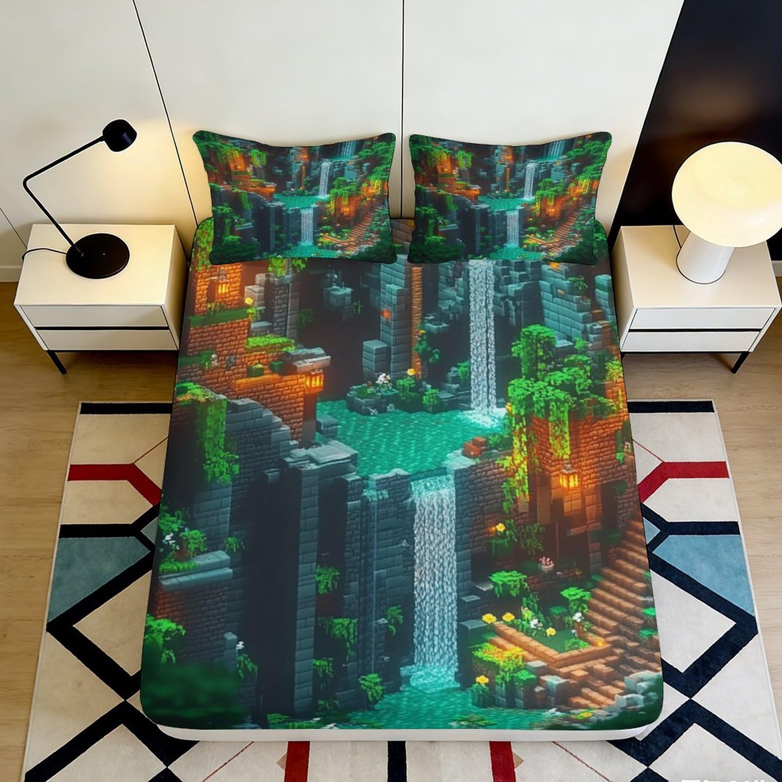 3D Printed Jungle Waterfall Fitted Sheet Microfiber Deep Pocket Non-Slip Adult Bedroom Jungle Mattress Fitted Cover Full Wrap Washable 90x200x25cm