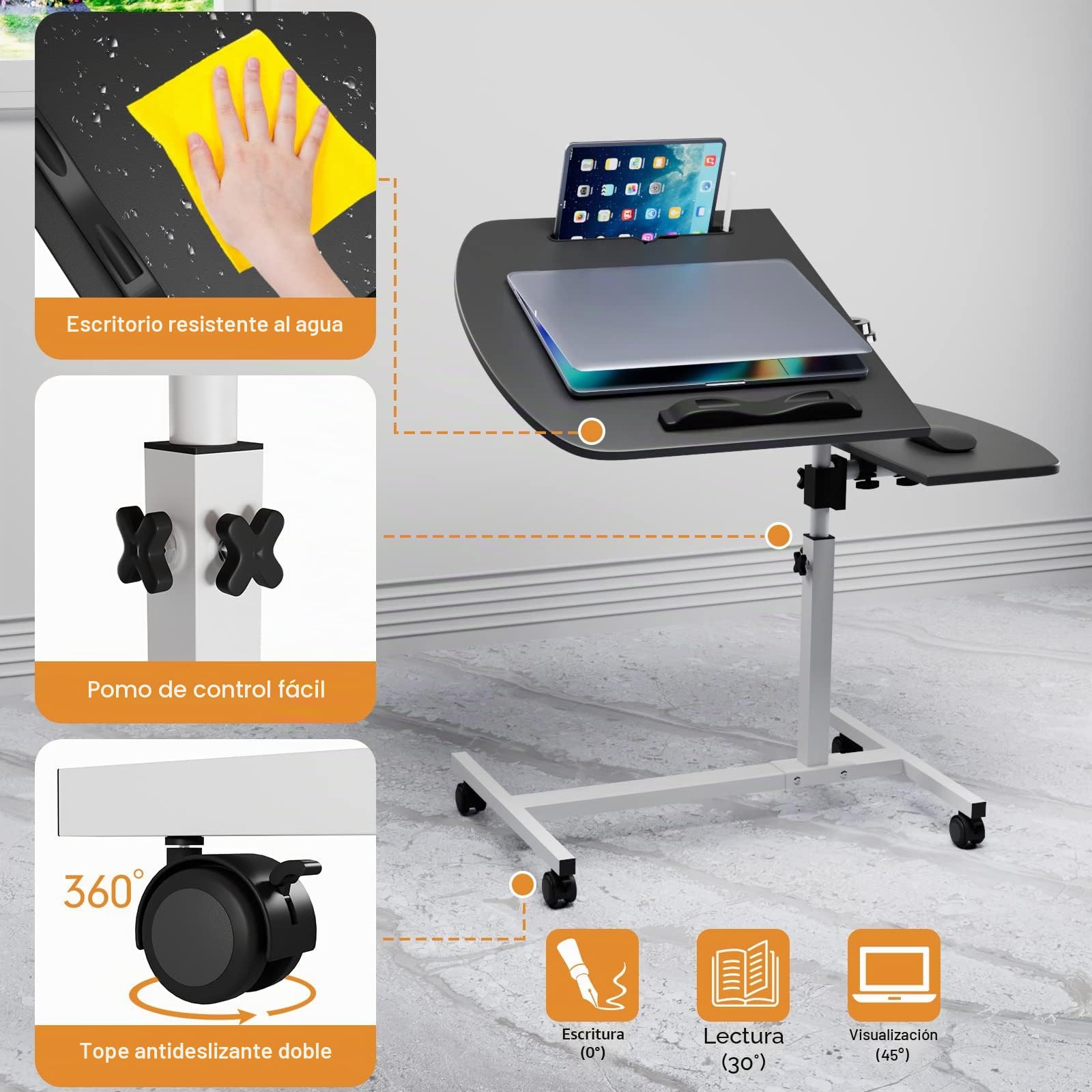 Escritorio Con Ruedas, 60x40cm Altura Ajustable, Flip 180° y Rotación 360°, Ranura Para Taza, Soporte de Lectura, Mesa Auxiliar Para Cama Sofá, Negro