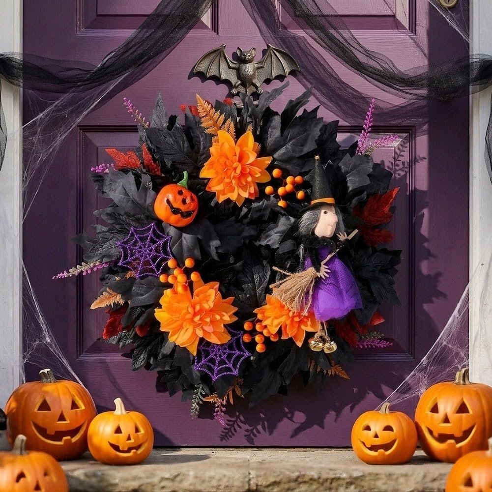 Świąteczny wieniec na drzwi Halloween z dynią czarownicy