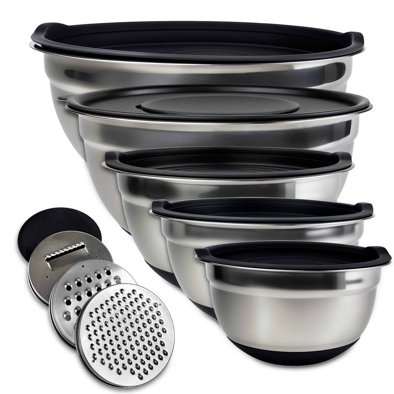 LUMITERRA Ciotole Acciaio Inox Cucina, Set 5 Pezzi Insalatiera Acciaio Inox con 3 Grattugie, Antiscivolo, 1L, 1.5L, 2L, 3L, 4.5L, Insalatiera Con Coperchio, Lavabili in Lavastoviglie, per Mescolare