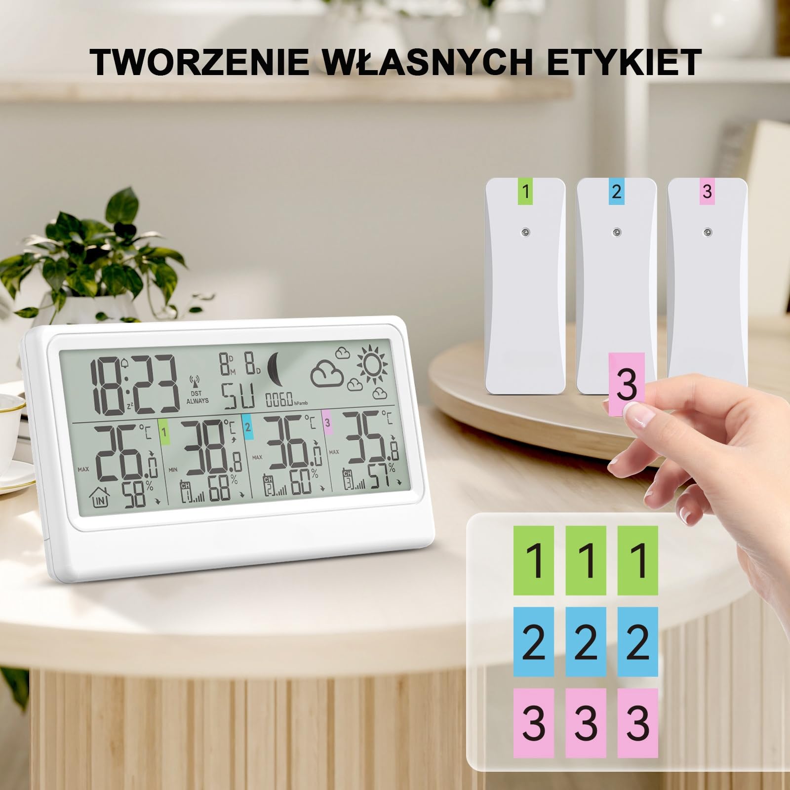 Bezprzewodowa stacja pogodowa z 3 czujnikami zewnętrznymi, 8,5-calowy wyświetlacz LCD z termometrem, higrometrem, barometrem, prognozą pogody, fazami księżyca, budzikiem, funkcją drzemki i RCC