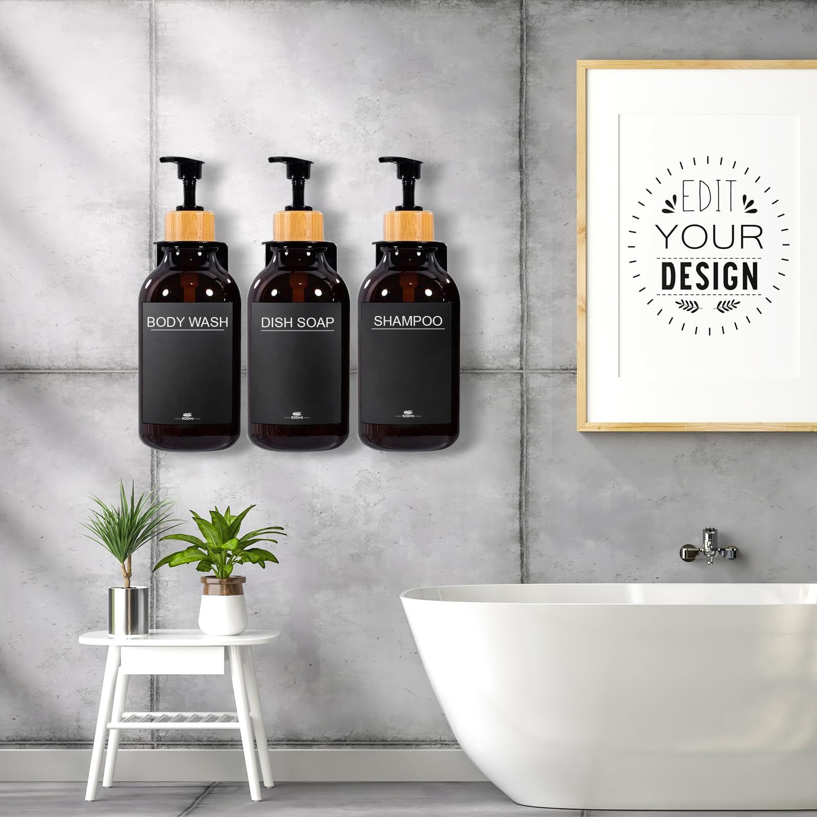 3 Pezzi Dispenser Sapone Bagno a Muro, Dispenser Sapone 500 ml dispenser sapone Doccia per Bagno Doccia Cucina Shampoo Balsamo Bagnoschiuma - Ambra