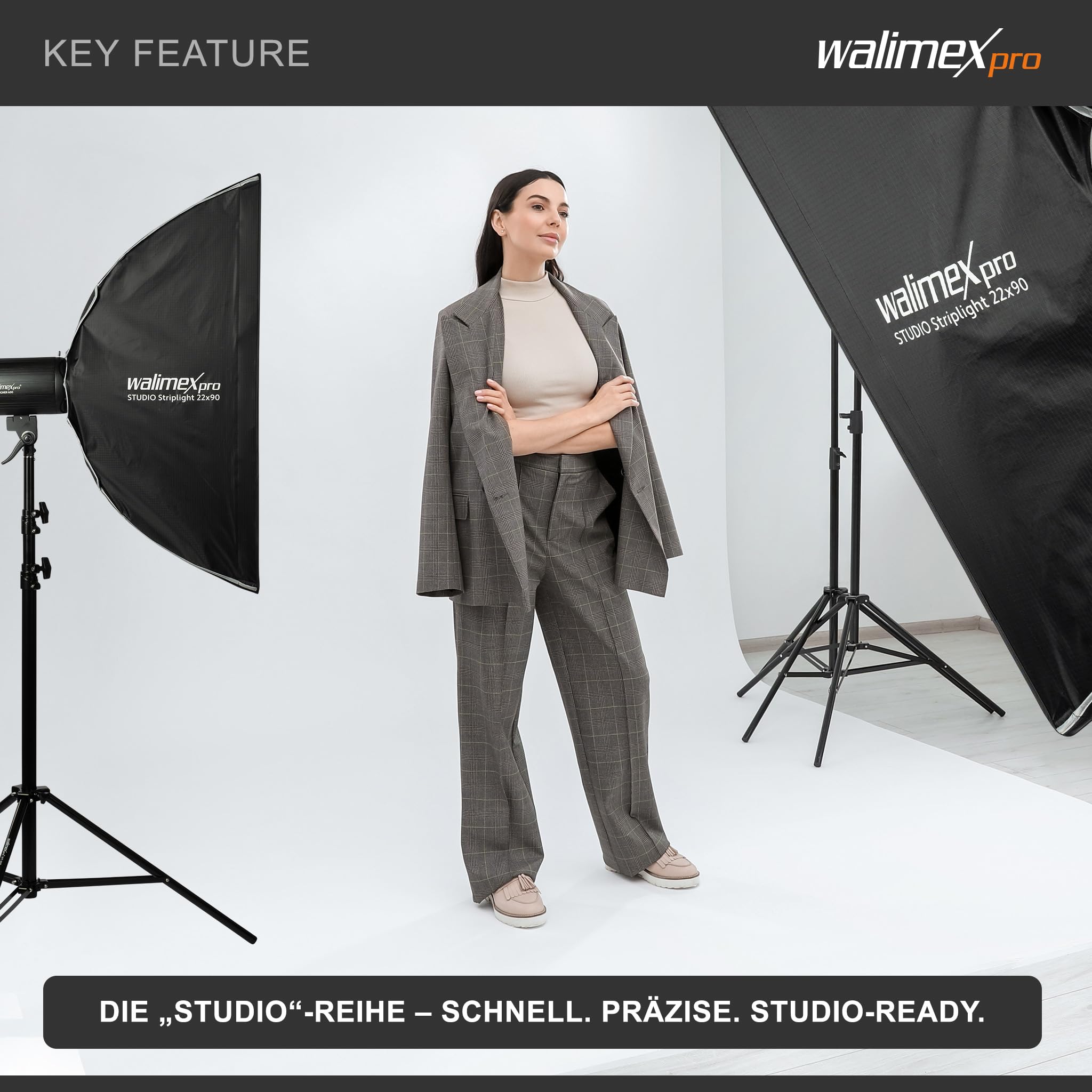 Walimex pro Studio Striplight Softbox 22 x 90 cm, Lichtformer um 360° drehbar, einfacher Aufbau dank Schirmfunktion, inkl. Grid, Maske, Bowens Adapter u. Tasche, ideal für Produkt- u. Peoplefotografie