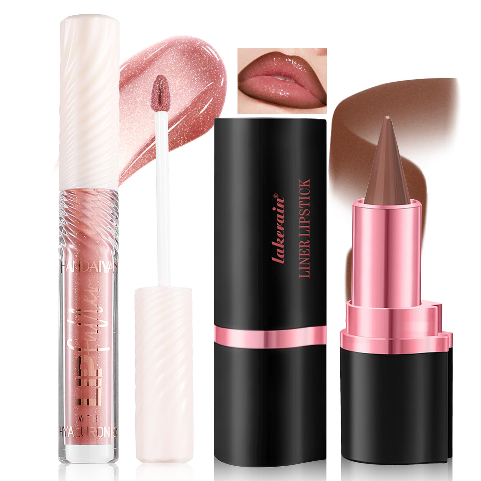 HOSAILY Gradient Lip Liner and Gloss Lip Combo Set, Long Lasting Light Brown Matte Lipstick Crayon Lip Liner Pencil, Hydrating Plumping Shiny Nude Tinted Lip Gloss Makeup