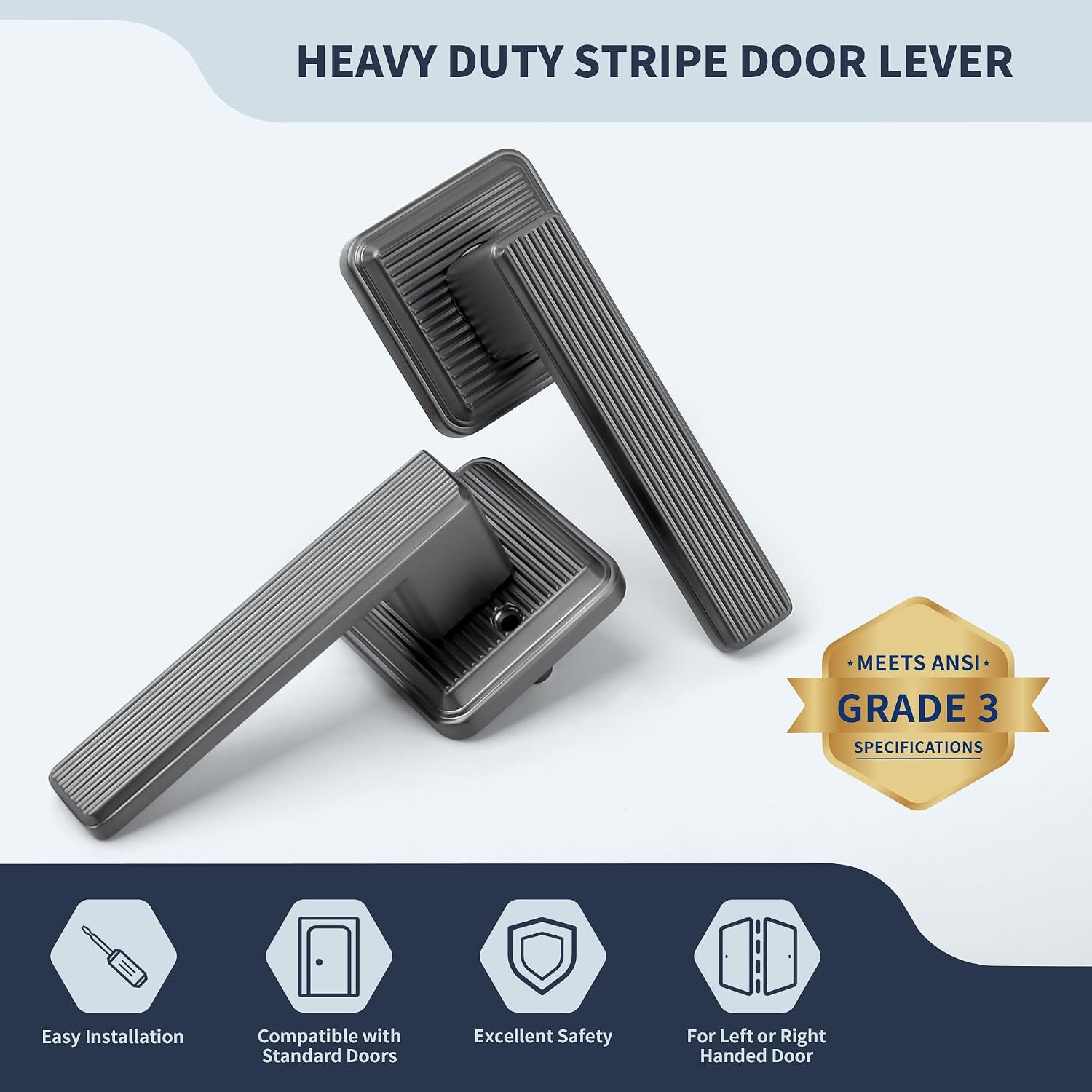 Square Stripes Style Passage Door Handle Non-Locking, Heavy Duty No Lock Door Lever Interior in Antique Nickel Reversible for Right & Left Sided Closet/Hallway Door