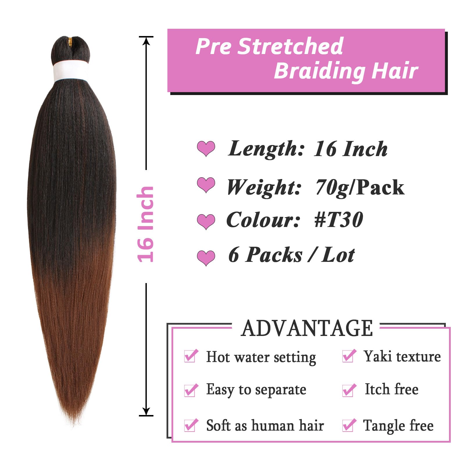 Samtress Braiding Hair 16 Inch 6 Packs Ombre Brown Pre Stretched Easy Braid Soft Yaki Texture Kanekalon Synthetic Fiber Hot Water Setting Crochet Braids Hair Extensions (#T30) - Image 2