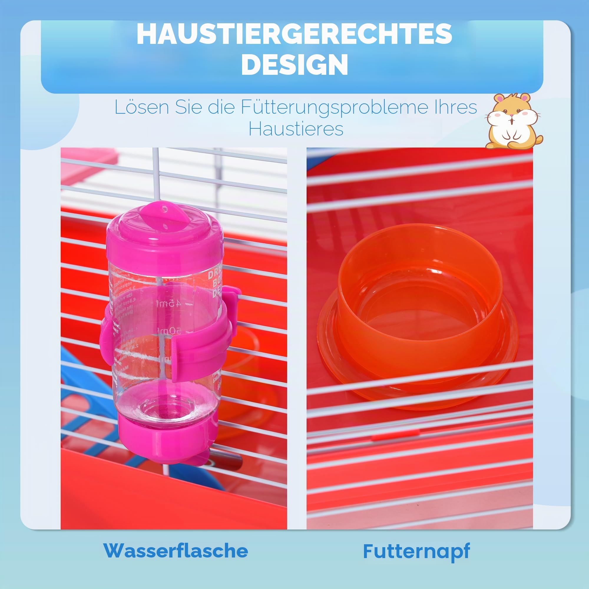 PawHut Hamsterkäfig, Nagetierkäfig, 2 Ebenen, abnehmbare Basis für eine einfache Reinigung, Schuppen, Laufrad, Leiter und Schüssel, 47 x 30 x 27 cm, Weiß und Rot