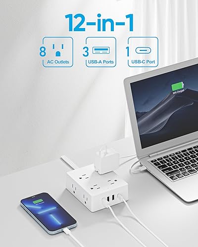 Miniatura 8 de Regleta protectora de sobretensiones, cable de extensión de 25 pies de largo con 8 tomas, 4 puertos USB (1 USB C), extensor de toma de corriente de