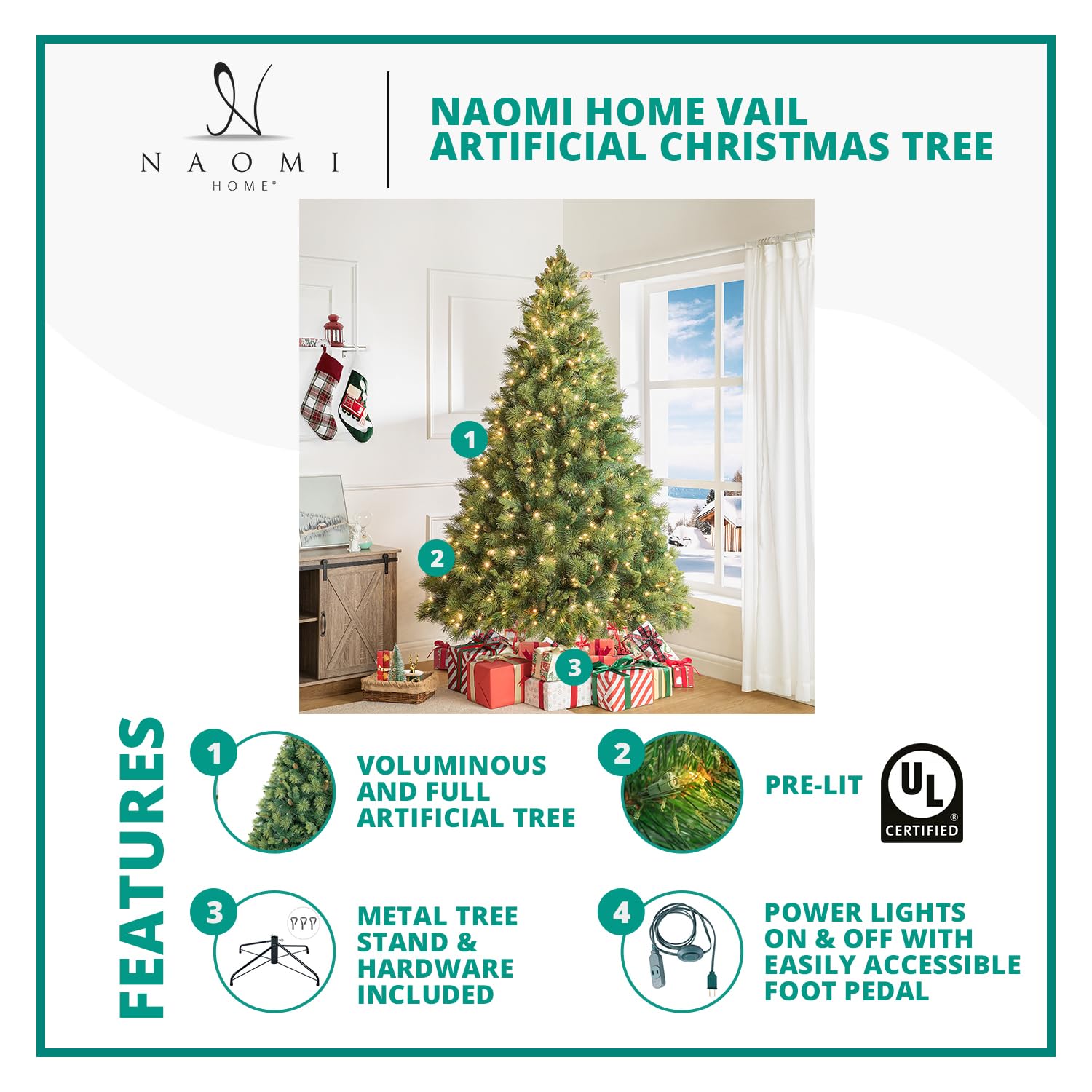Naomi Home Vail 4.5ft Prelit Artificial Christmas Tree with Pine Cones, Foot Pedal, 561 Branch Tips, 300 Warm Lights and Metal Stand, 38
