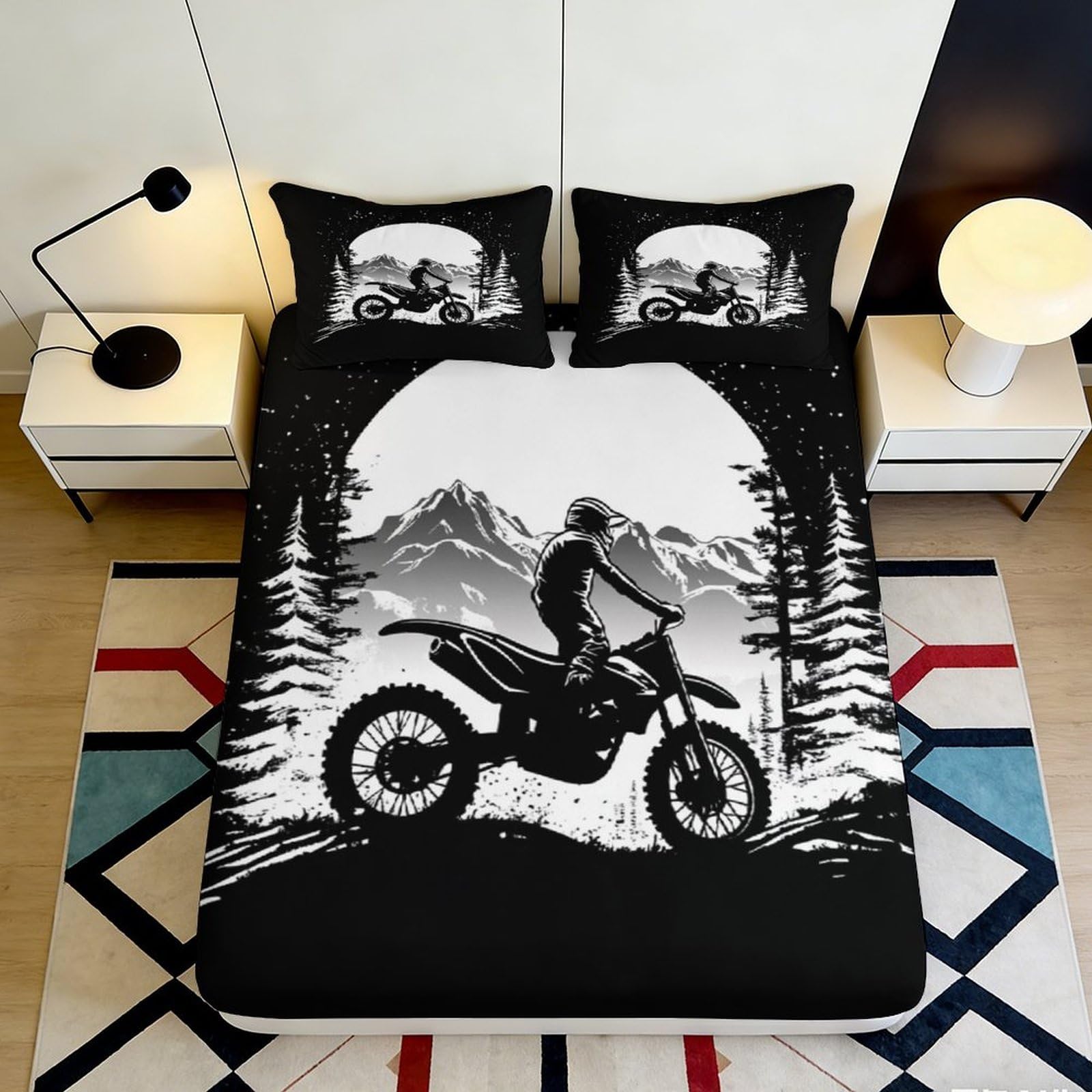 3D Printed Motorcycle Rider Fitted Sheet Microfiber Durable Soft Bed Cover with Mountain Scene Mattress Cover for Bedroom Dormitory Guest Room 120x200x25cm