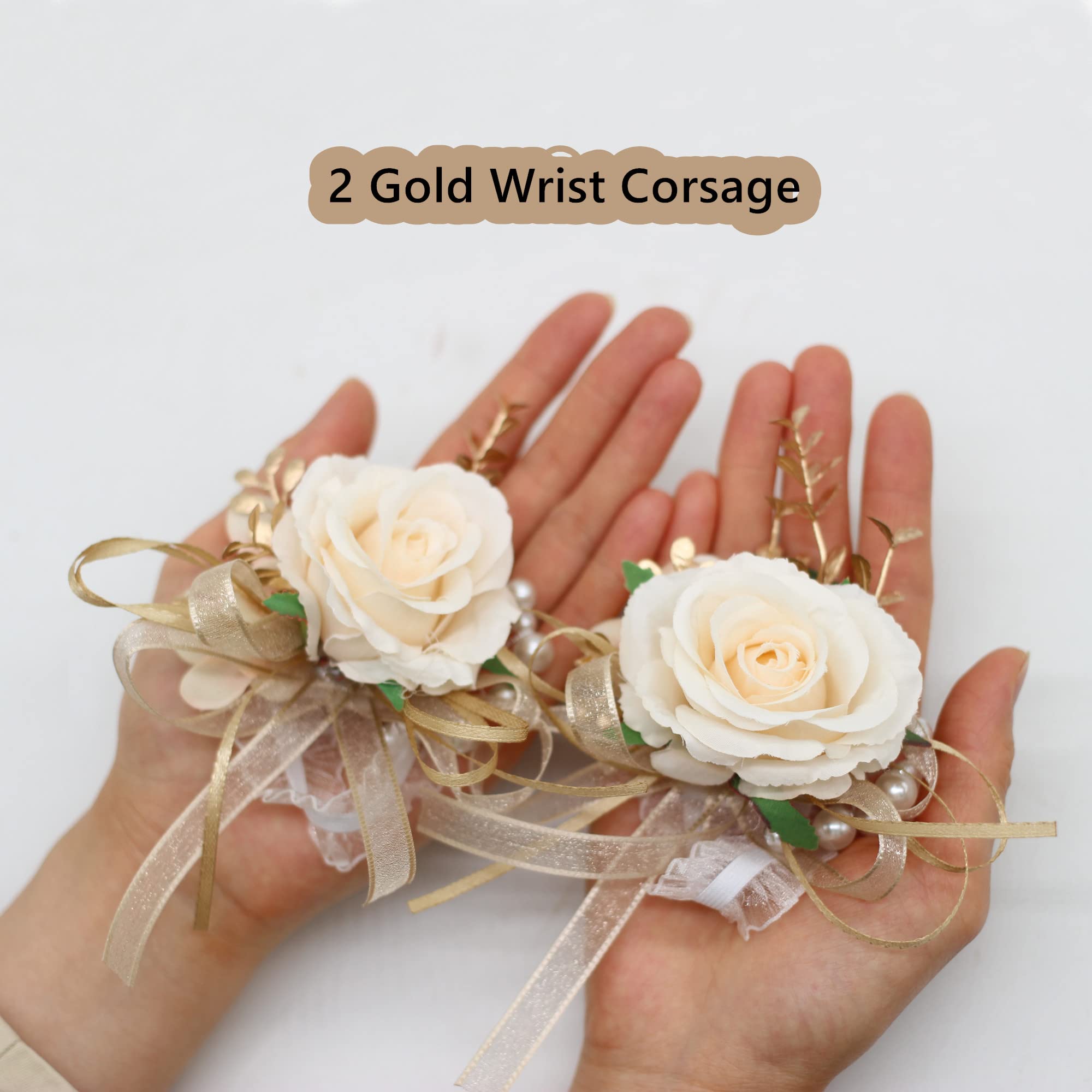 Yokoke 2 Corsages, Handmade Artificial Peony Rose Wrist Corsage Wristlet Wedding Prom Suit Decorations (2 Gold Wrist Corsage) - Image 2