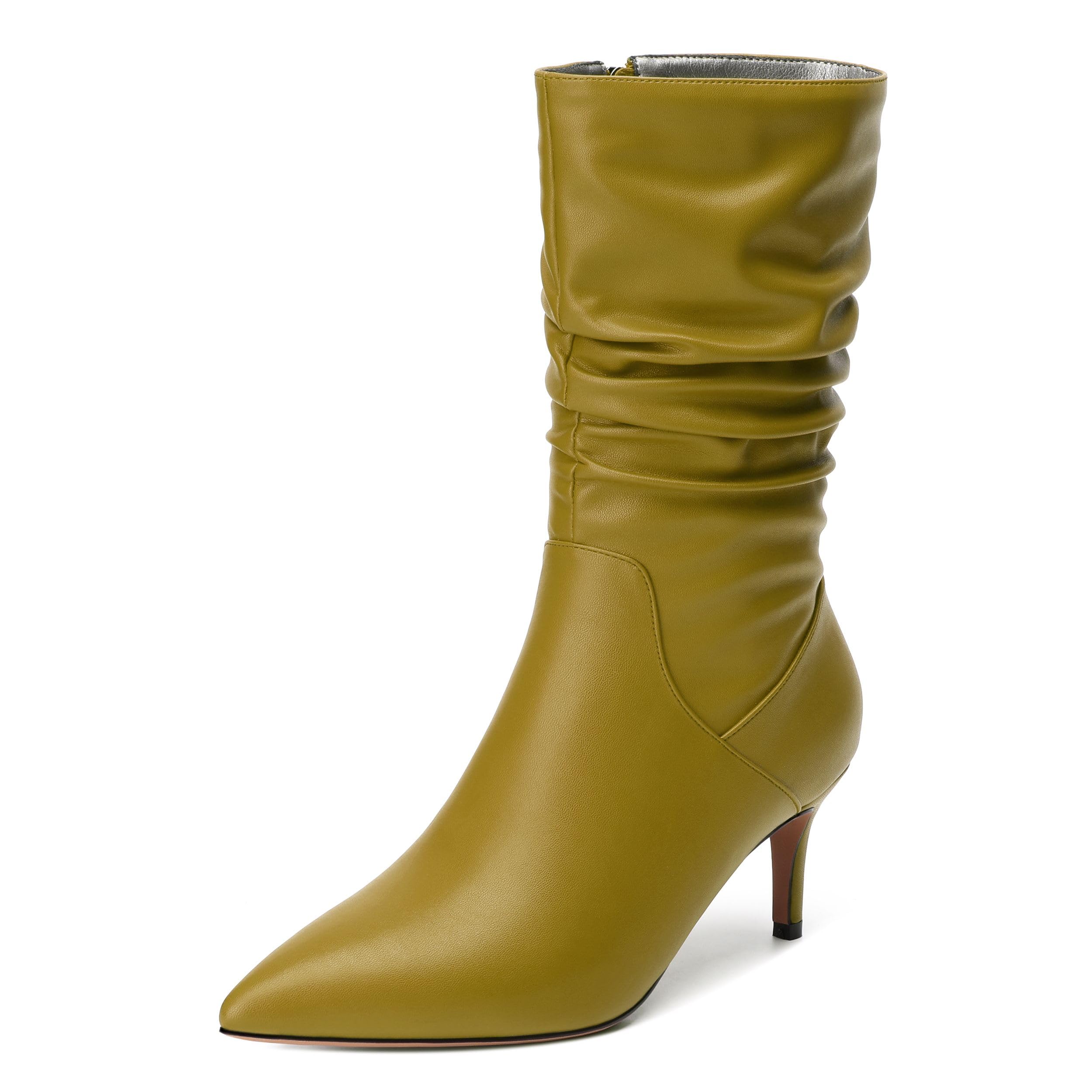 Womens High Heel Mid Calf Slouchy Boots Pointed Toe Zip Fashion Boot Olive Matte Size 10