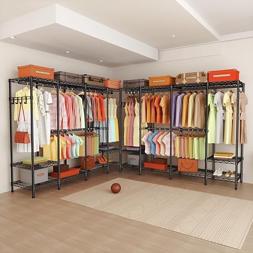 Vista 39 de Perchero de ropa grande resistente, estante de ropa portátil independiente con 8 estantes de alambre ajustables, 3 barras para colgar, 4 cajones