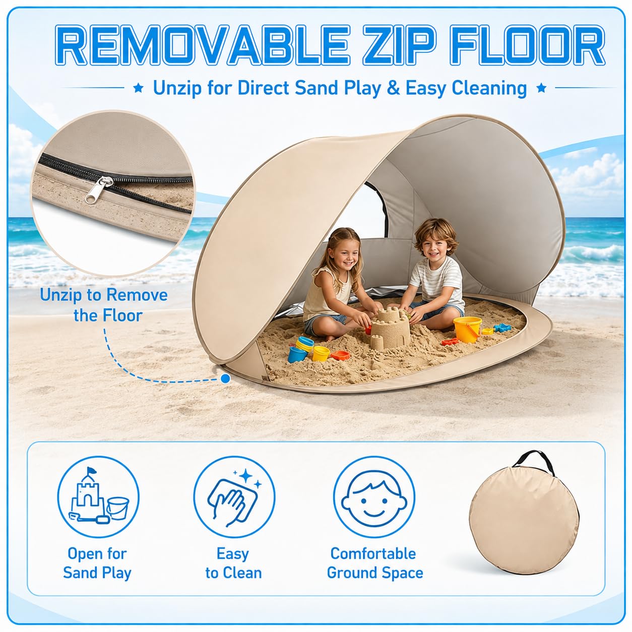 ZVD Tente de Plage Pop Up 3-4 Personnes, Anti-UV UPF 50+Camping (Blanc) | Abri de Plage Coupe-Vent avec Sol Amovible, Pare-Soleil Portable pour Plage, Camping, Jardin, Pique-Nique et Pêche