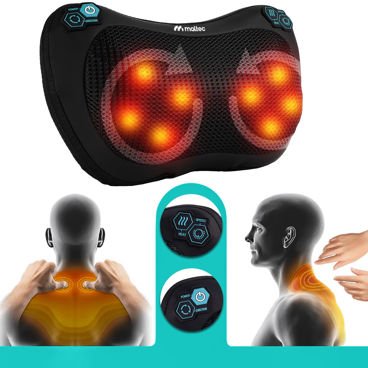 MalTec Shiatsu Massagekissen Rücken, Nacken, Körper wärmende Rückenmassagegerät Massageköpfen für Büro, Auto oder Zuhause