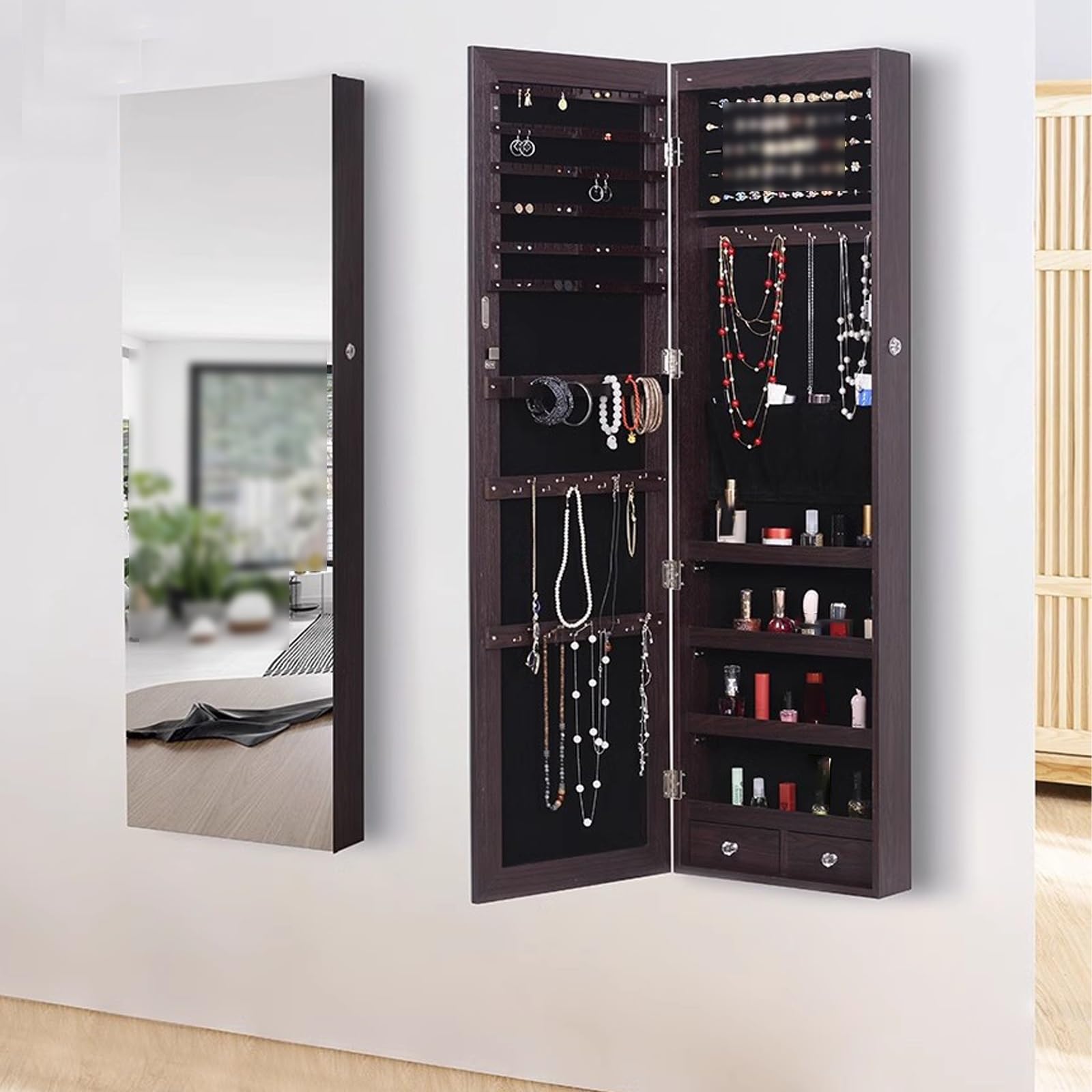 TBLOTYD Jewelry Armoire with Full-Length Mirror, Jewelry Cabinet, Lockable Jewelry Organizer, Wall Or Door-Mounted, Large Capacity,White