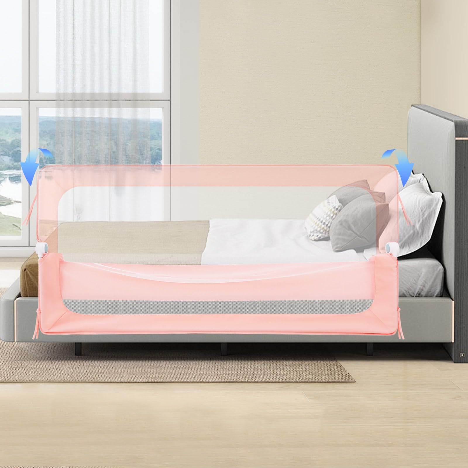Barriera del letto, Bed Rail Guard, Letto Safety Rail, Barriera Letto Pieghevole 176 cm Altezza regolabile 66-83 cm Telaio Metallo Mesh Traspirante Sistema Anti-Caduta Pieghevole 180° Camera Casa