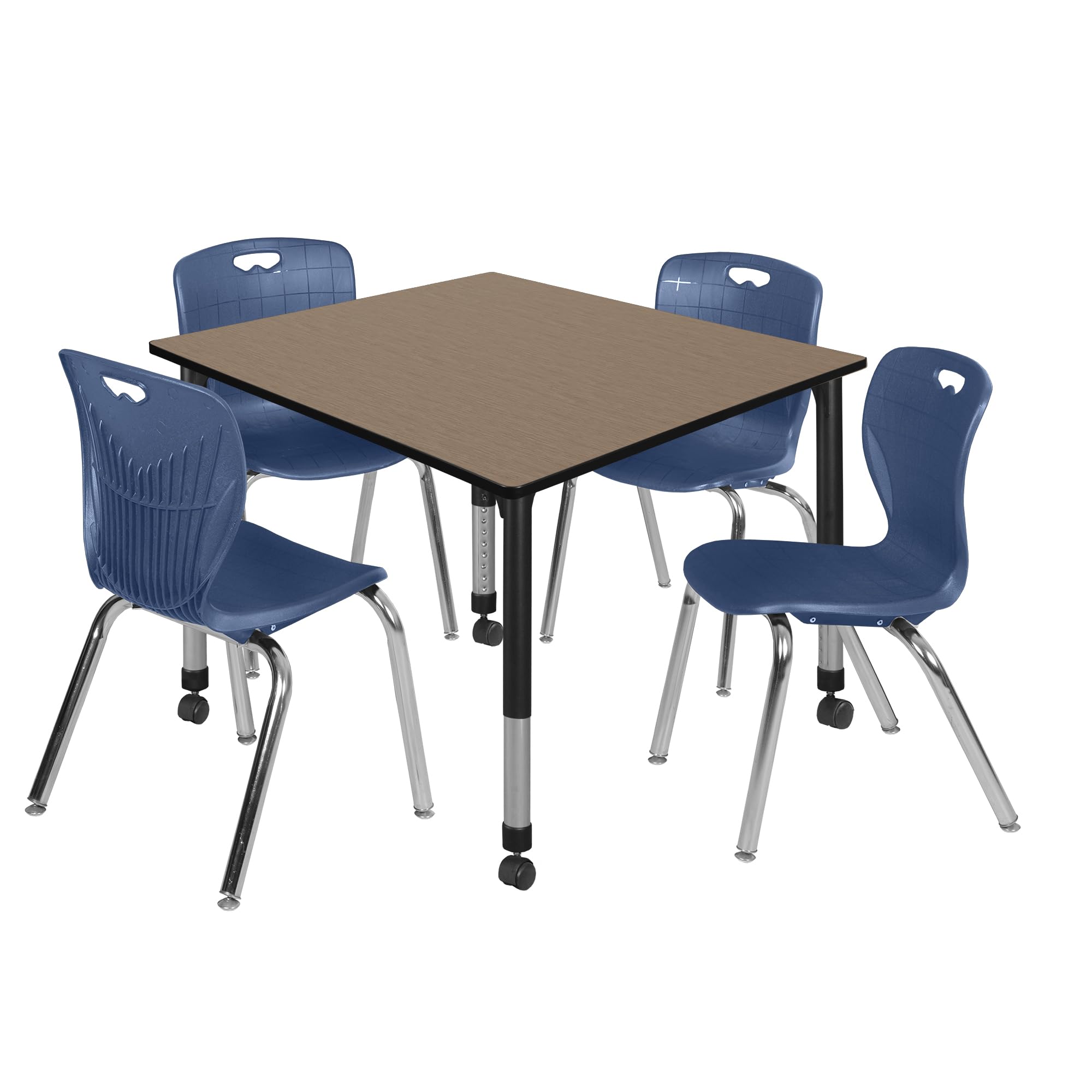 Regency Kee 48 in. Square Mobile Adjustable Classroom Table- Noble Oak Top, Black Base & 4 Andy 18 in. Blue Stack Chairs