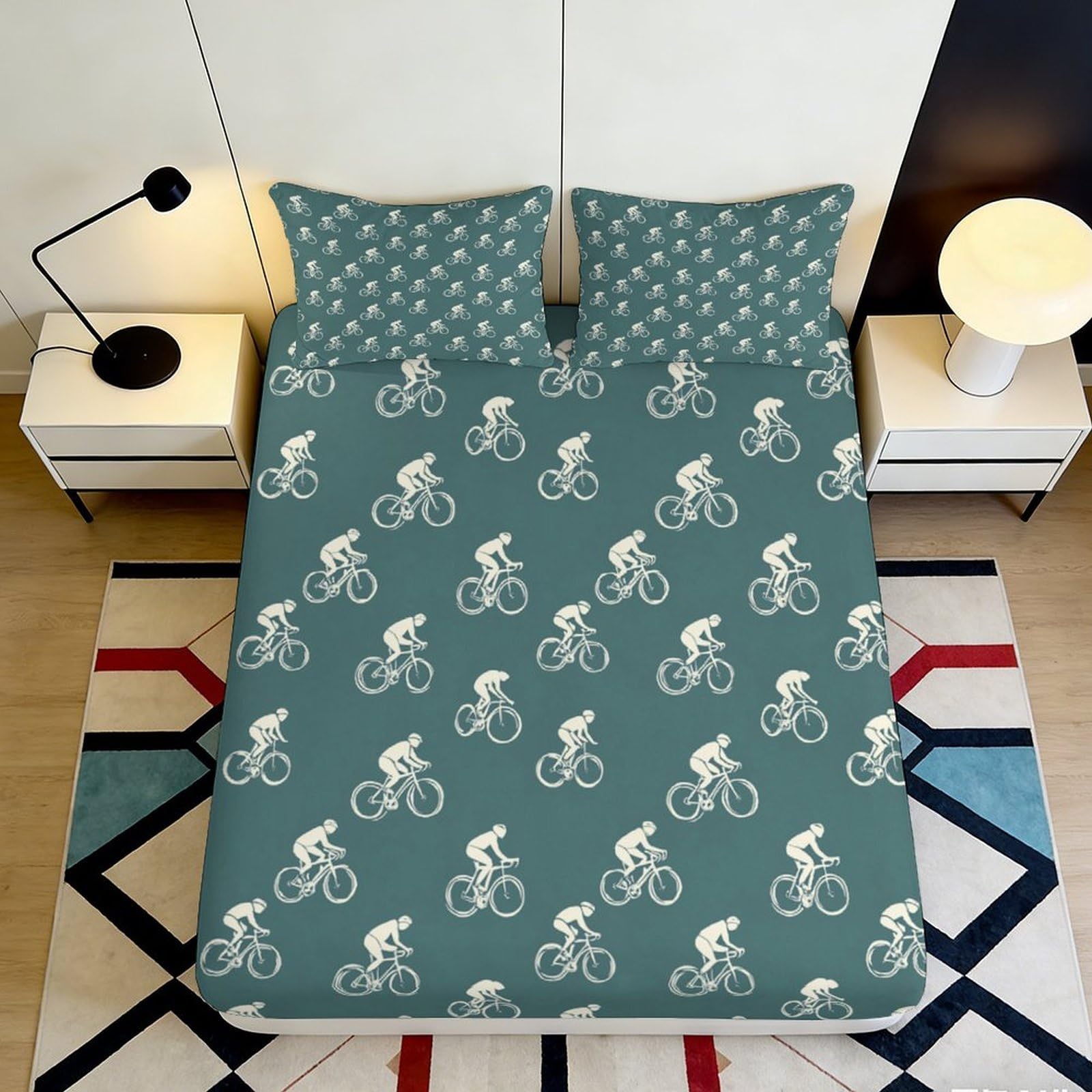 3D Printed Cycling Silhouette Fitted Sheet Microfiber Soft Green Mattress Cover for Bedroom Dorm Easy Care 90x200x25cm