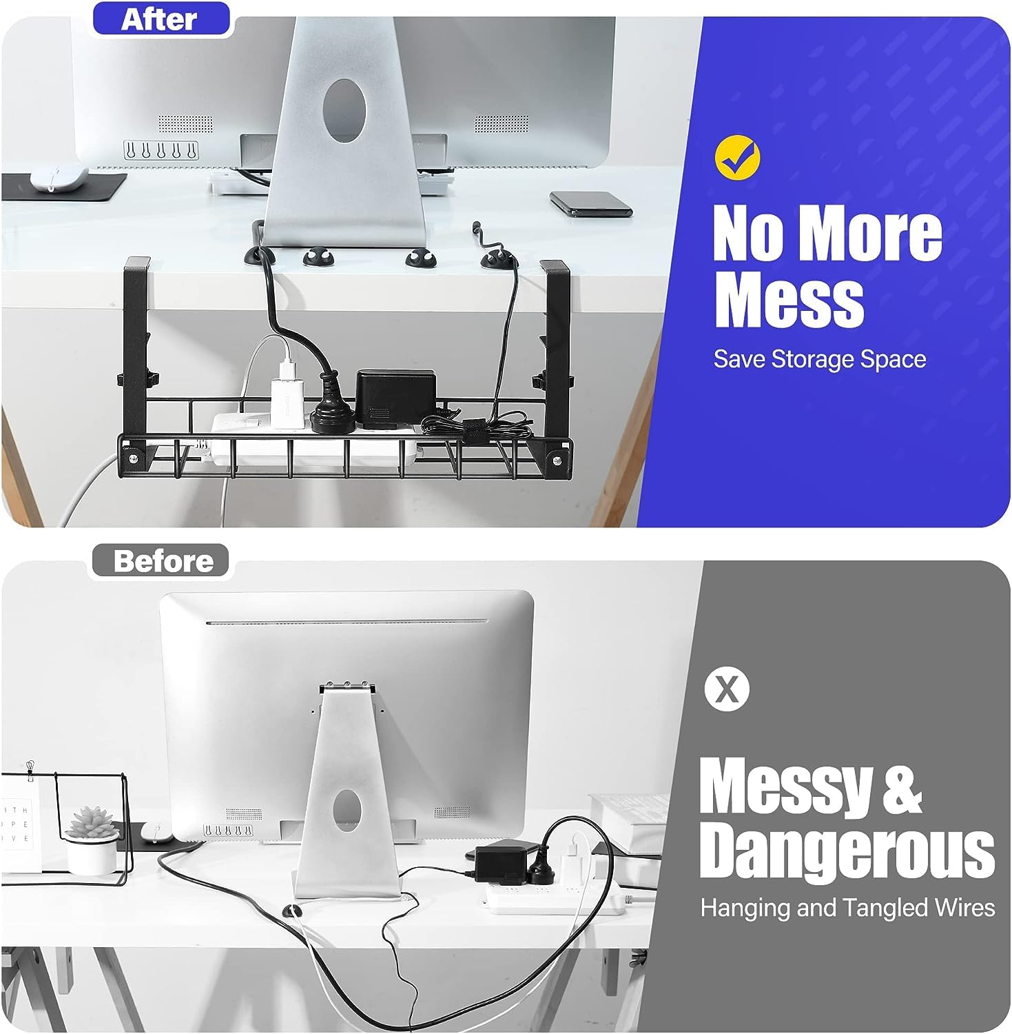 Bandeja de gestión de cables para debajo del escritorio, paquete de 2, sin tornillos, bandeja de cables con abrazadera para gestión de cables, estante de códigos de computadora para oficina