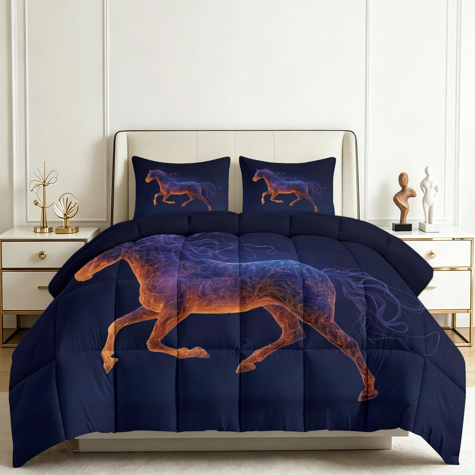 Edredón de 240 x 260 cm, cielo estrellado caballo para cama de 2 personas, edredón fantástico animal cificción, universo, reversible, 4 estaciones, manta transpirable y suave para adolescentes