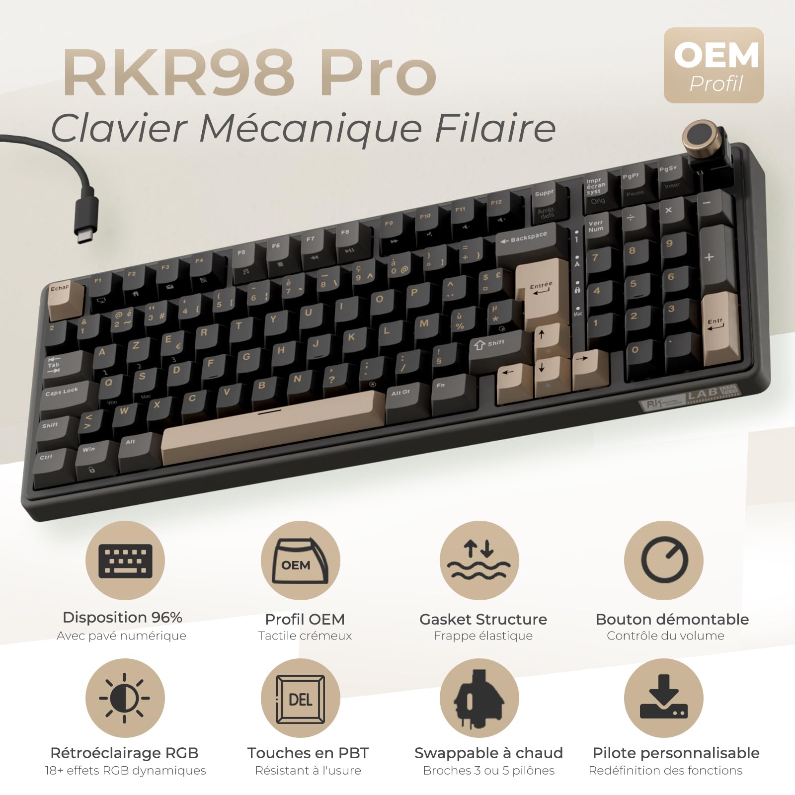 RK ROYAL KLUDGE R98 Pro Clavier Mécanique Filaire, Clavier Gamer 96% AZERTY, Rétroéclairage RGB, Touches PBT, Gasket Structure, Molette de Volume, Hot-Swap Switch Creamy Linéaire Pré-lubrifié