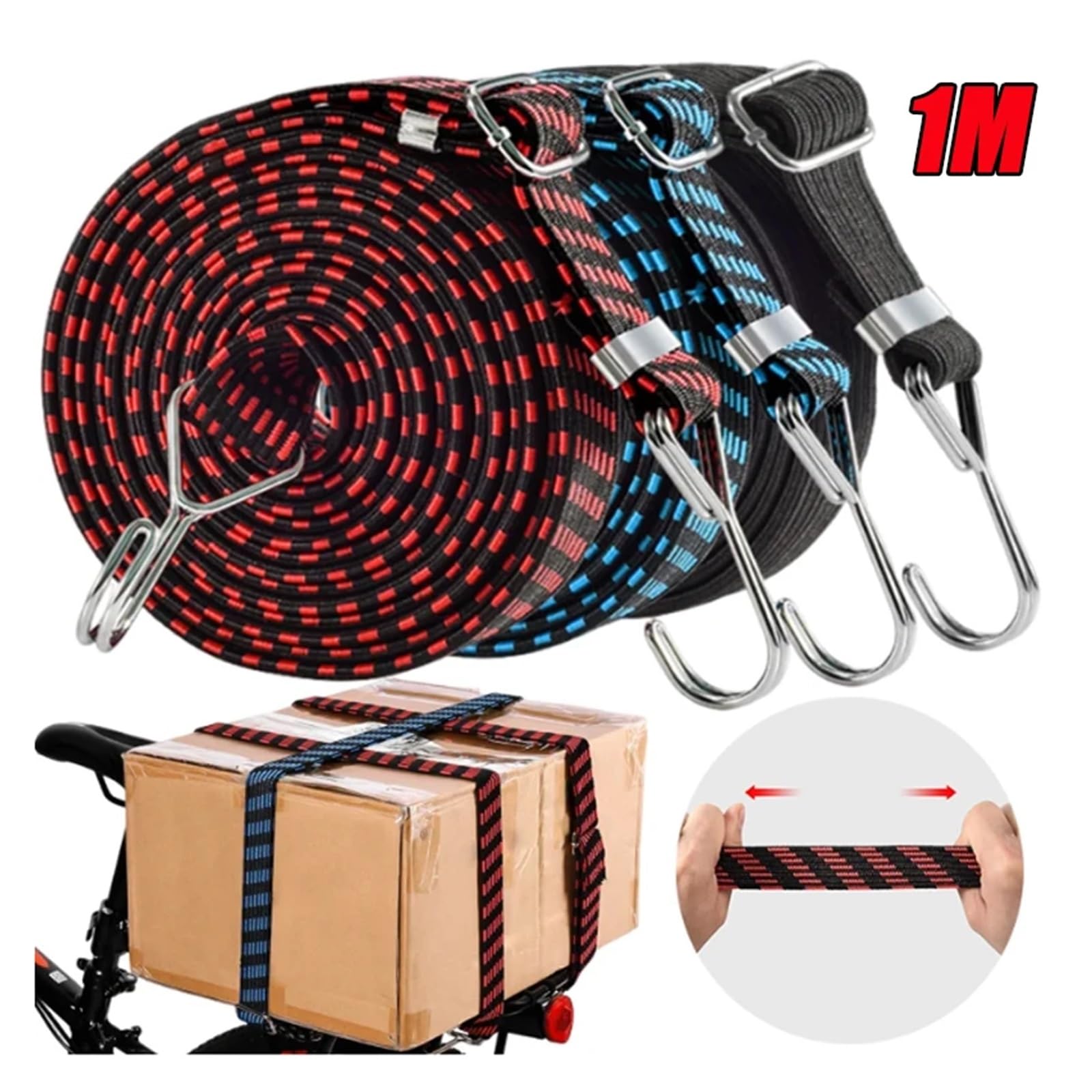Zurrgurt, 1M Haken-Bune-Seil, verstellbar, strapazierfähig, for päck, Spanngurte, flaches, elastisches Gummi-Stretch-Seil for Motorräder, gute Zähigkeit für Auto, Fahrradträger & Motorrad(Red 1M)