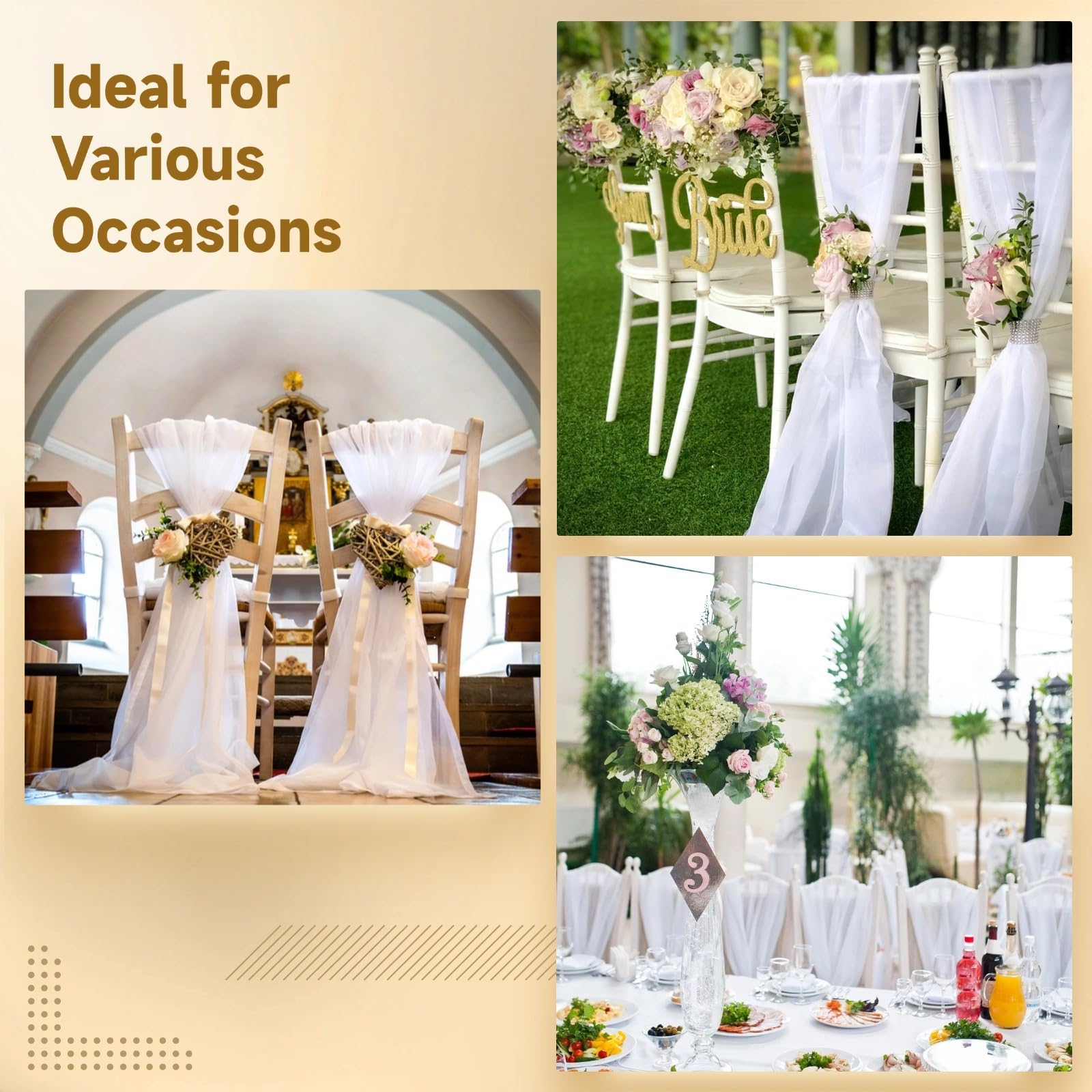 16 fasce bianche per sedie, 18,5 cm x 2,7 m, in tulle, per matrimoni e banchetti, fiocchi in poliestere trasparente con nastro e nastri adesivi, eleganti decorazioni per corridoi per eventi in chiesa