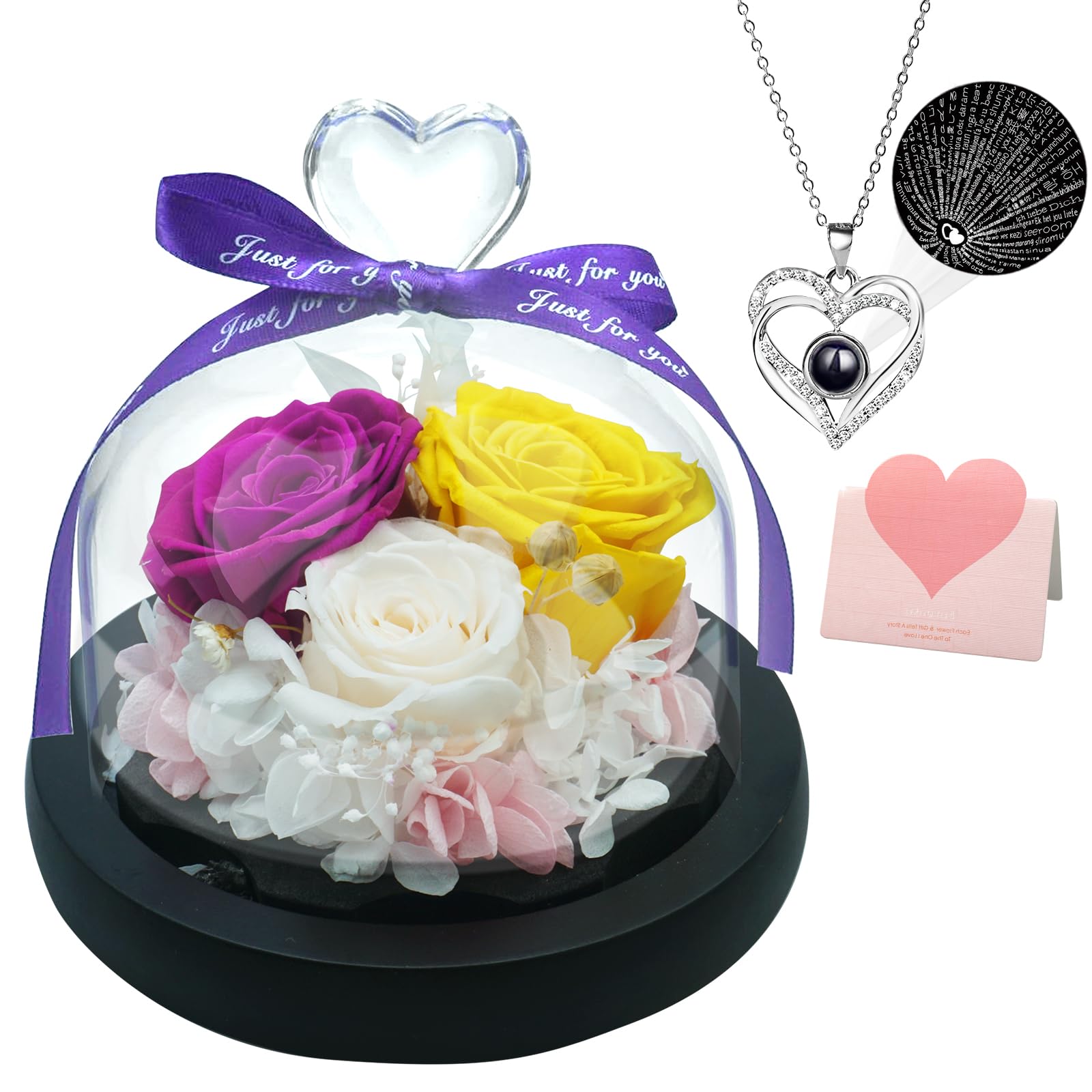 Ledoira Preserved Real Rose With 'I Love You' Necklace - Eternal Flower Gift For Her, Purple