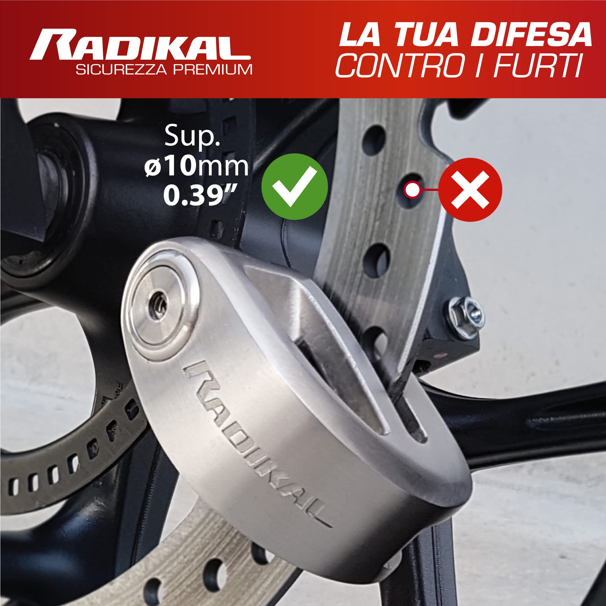 RADIKAL RK310S Blocca Disco per Moto, Sicurezza Premium, Antifurto Moto Omologato SRA, Doppio Bloccaggio Ø10, Acciaio Inossidabile, Esclusivo Design Doppio Ponte, Lucchetto Bloccadisco Scooter