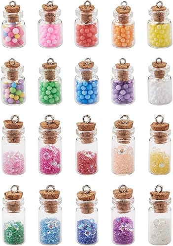 40 colgantes de cristal transparente para botellas de deseos, 20 colores, botella transparente, resina de diamantes de imitación, cuentas pequeñas