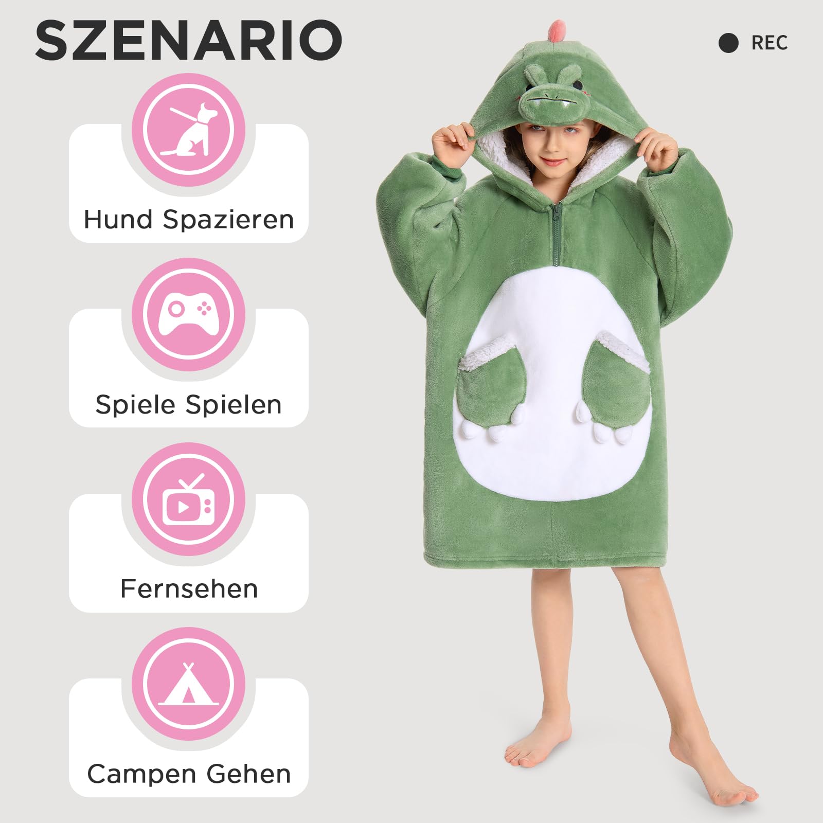 OLAOLA Dinosaurier Decken-Hoodie für Kinder, Weiche Kuscheldecke Unisex | Cooles Dinosaurier-Motiv für Kinder. Extra warme und kuschelige Decke mit Kapuze, das ideale Wintergeschenk für Kinder.