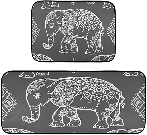 Juego de 2 tapetes y tapetes de cocina de elefante bohemio, absorbentes, lavables, antideslizantes, cómodos, para cocina, baño, sala de estar,