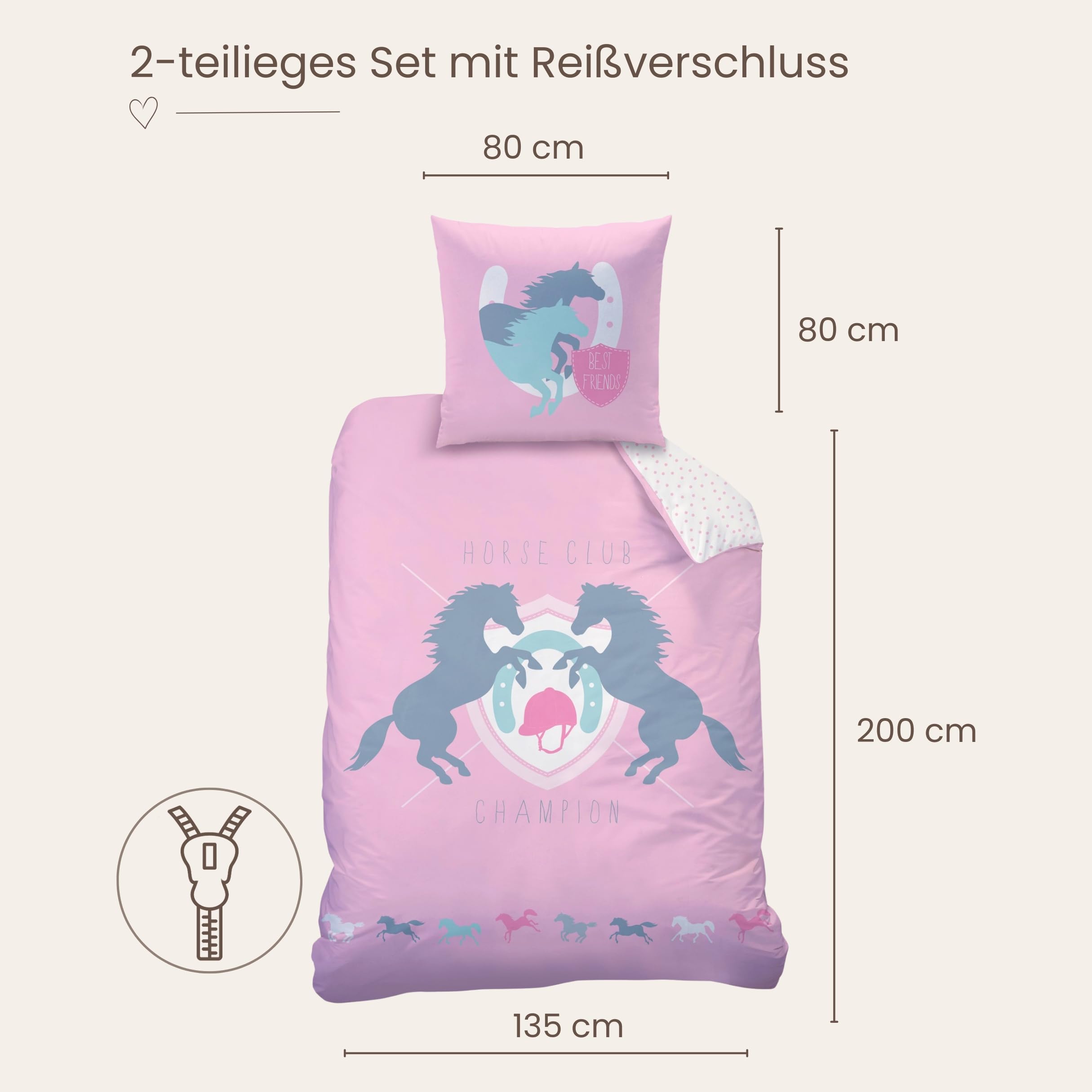 Caballos Juego de Ropa de Cama de Franela de · Chica Cama · Cama Infantil · Best Friends · Caballo & Puntos en Rosa, Color Blanco - Almohada 80 x 80 + Funda Nórdica 135 x 200 cm