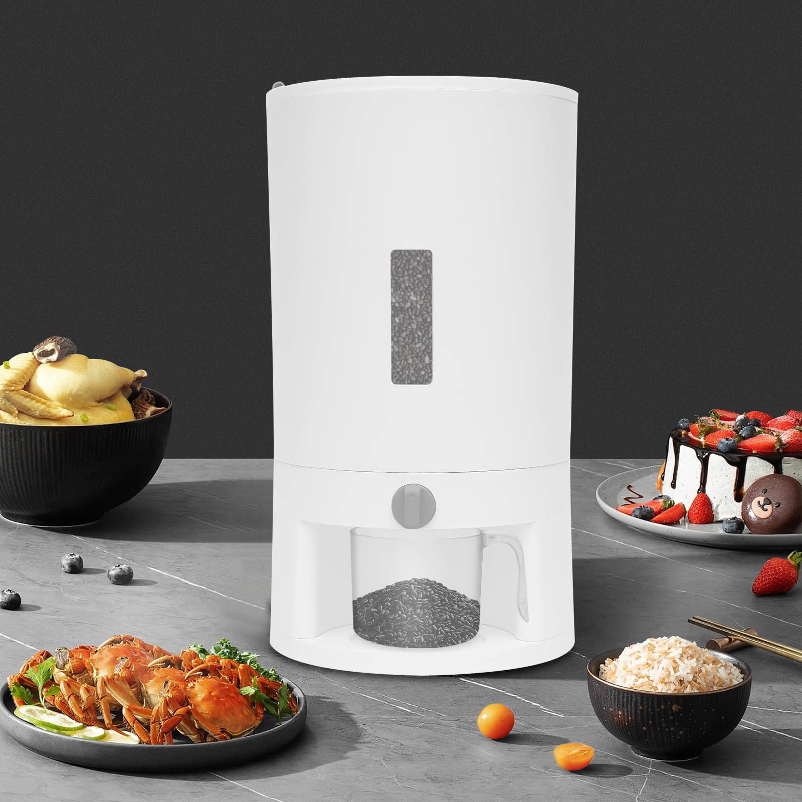 Contenedor de arroz de 20 l para cocina, alimentos, cereales, arroz, dispensador de cereales de plástico, con vaso medidor y ventana, para arroz, harina, cereales, nueces, frijoles