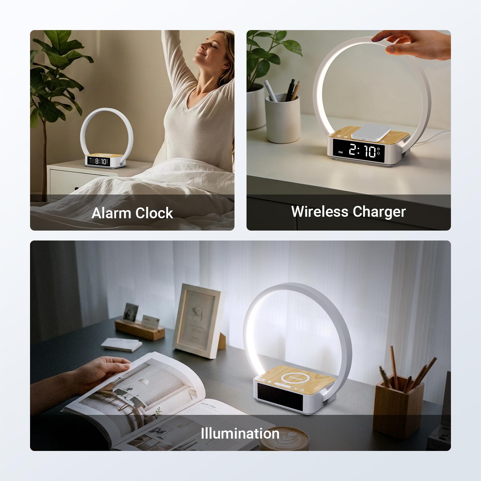 NEEWER Entry Level Version Bedside Lamp con 15W Carga Inalámbrica Compatible con iPhone AirPods,Sunrise Alarm Clock, Dimmable Aro Foco Luz Desktop LED Táctil para Dormitorio Mesita Noche Lectura, N40