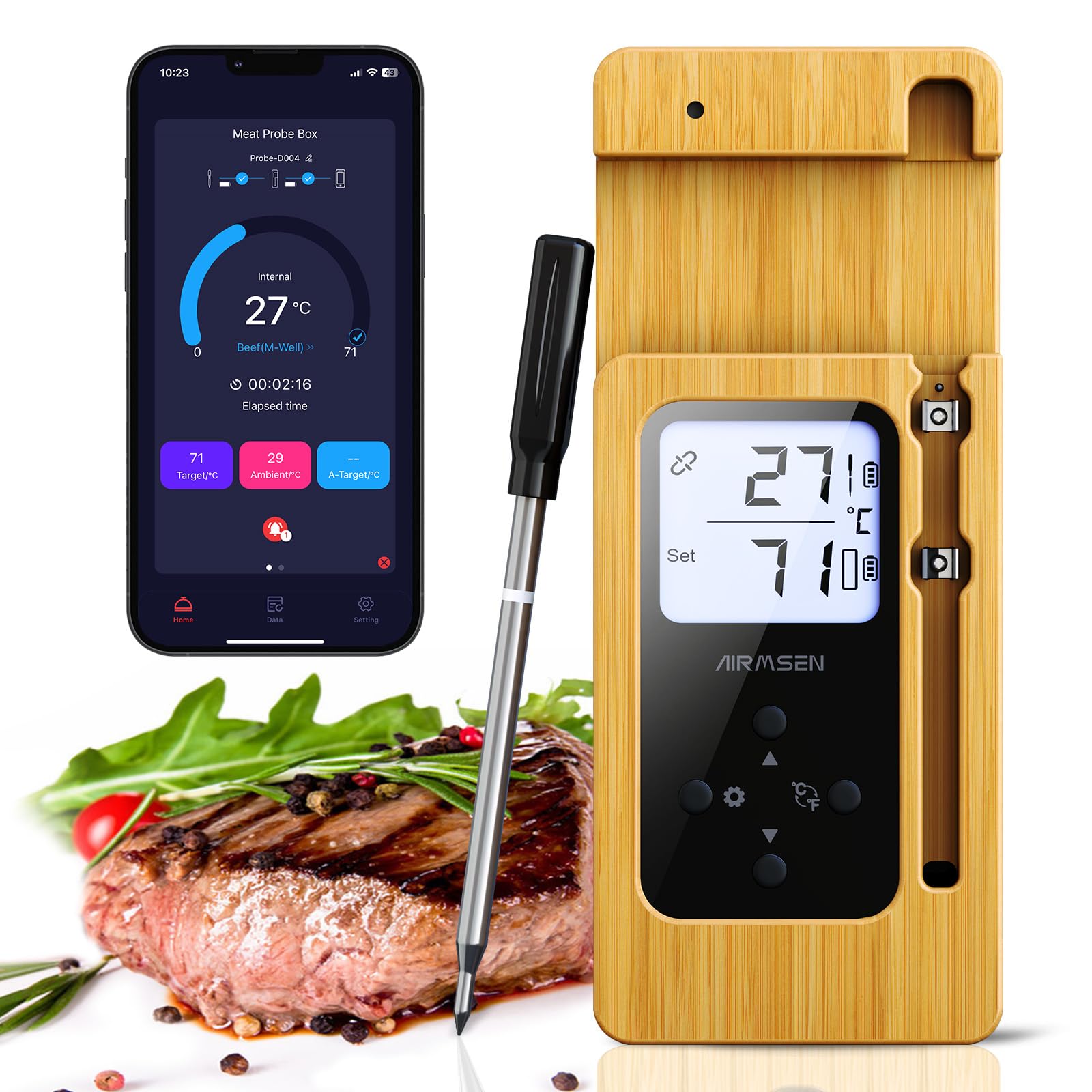 AIRMSEN Termómetro de Carne Inalámbrico con Pantalla LCD, Impermeable IPX8, Termómetro de Barbacoa Bluetooth con Alcance de 150m, Control por App, Mango de Cerámica, para Parrilla, Horno y BBQ
